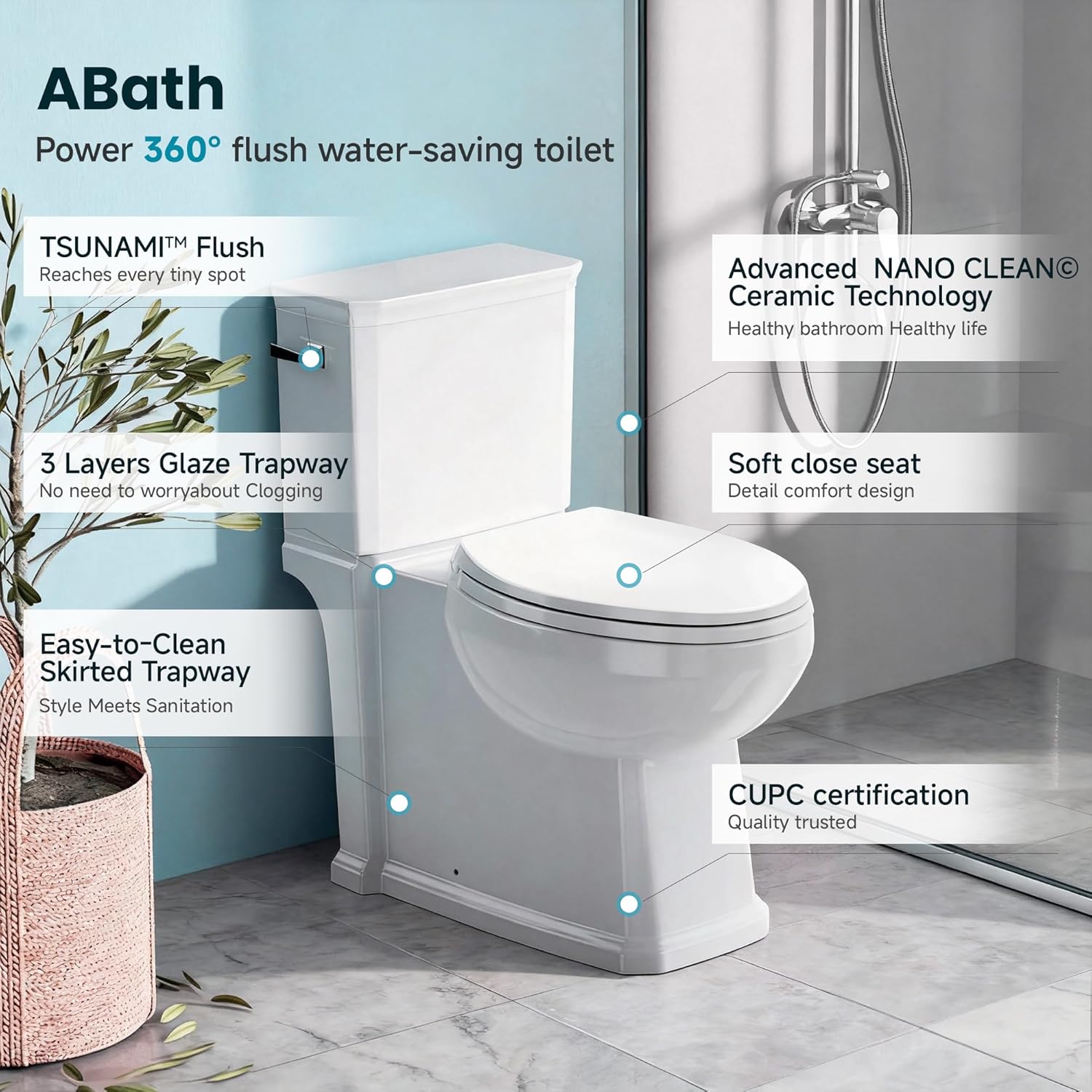 ABath 17.5" ADA Height Toilet Elongated with Soft Close Seat, Heavy Duty 674 lb Capacity, 360° TSUNAMI Flush 1.27 GPF, 1000g MAP, WaterSense Certified Two Piece Toilet for Bathrooms, 12" Rough-in