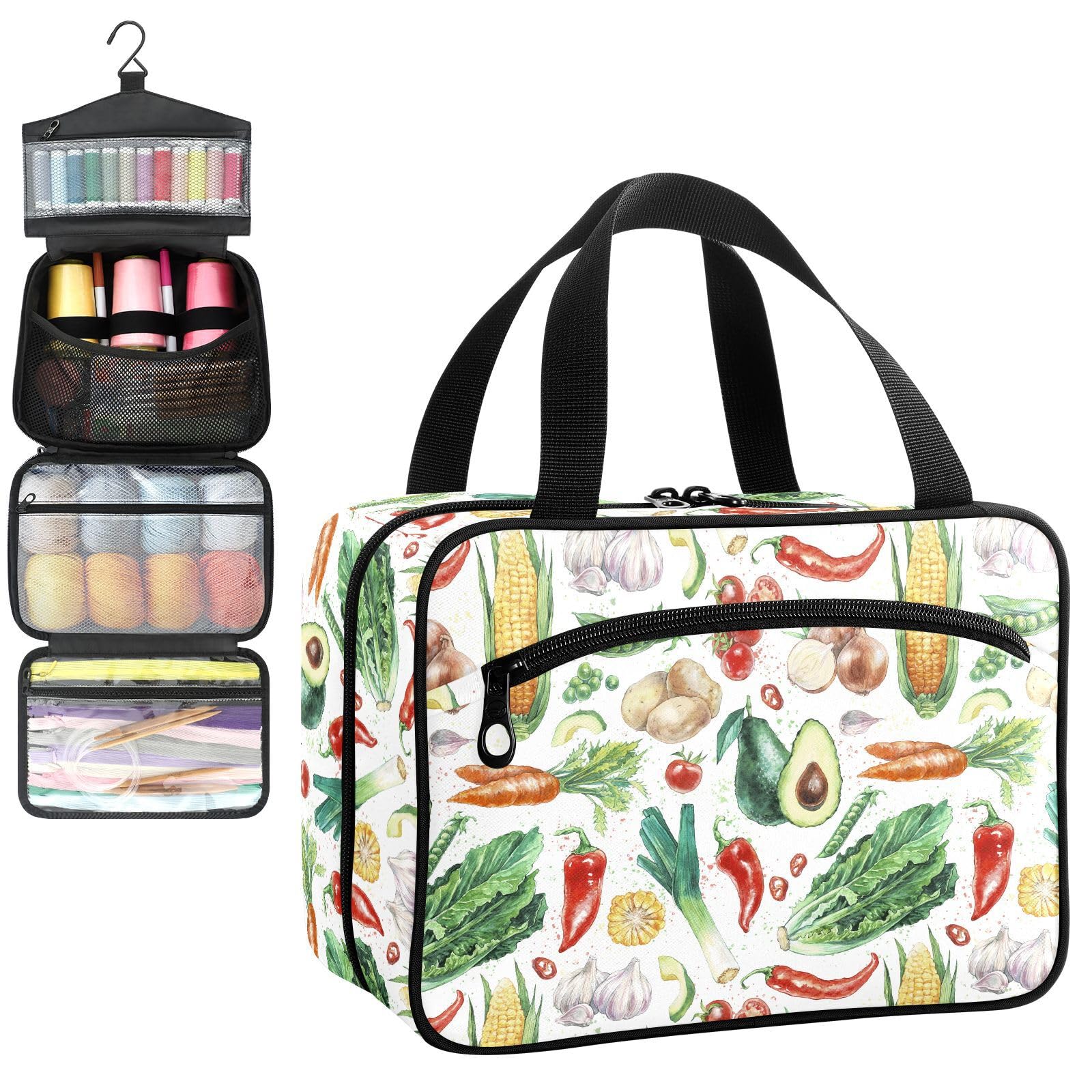 YNNALE Sewing Supply Organizer Bag, Watercolor Vegetable with Spices Portable Sewing Bags with Pockets&Hanger, Sewing Storage Box Case for Sew Supplies/Kit/Tools/Accessories (BAG ONLY)