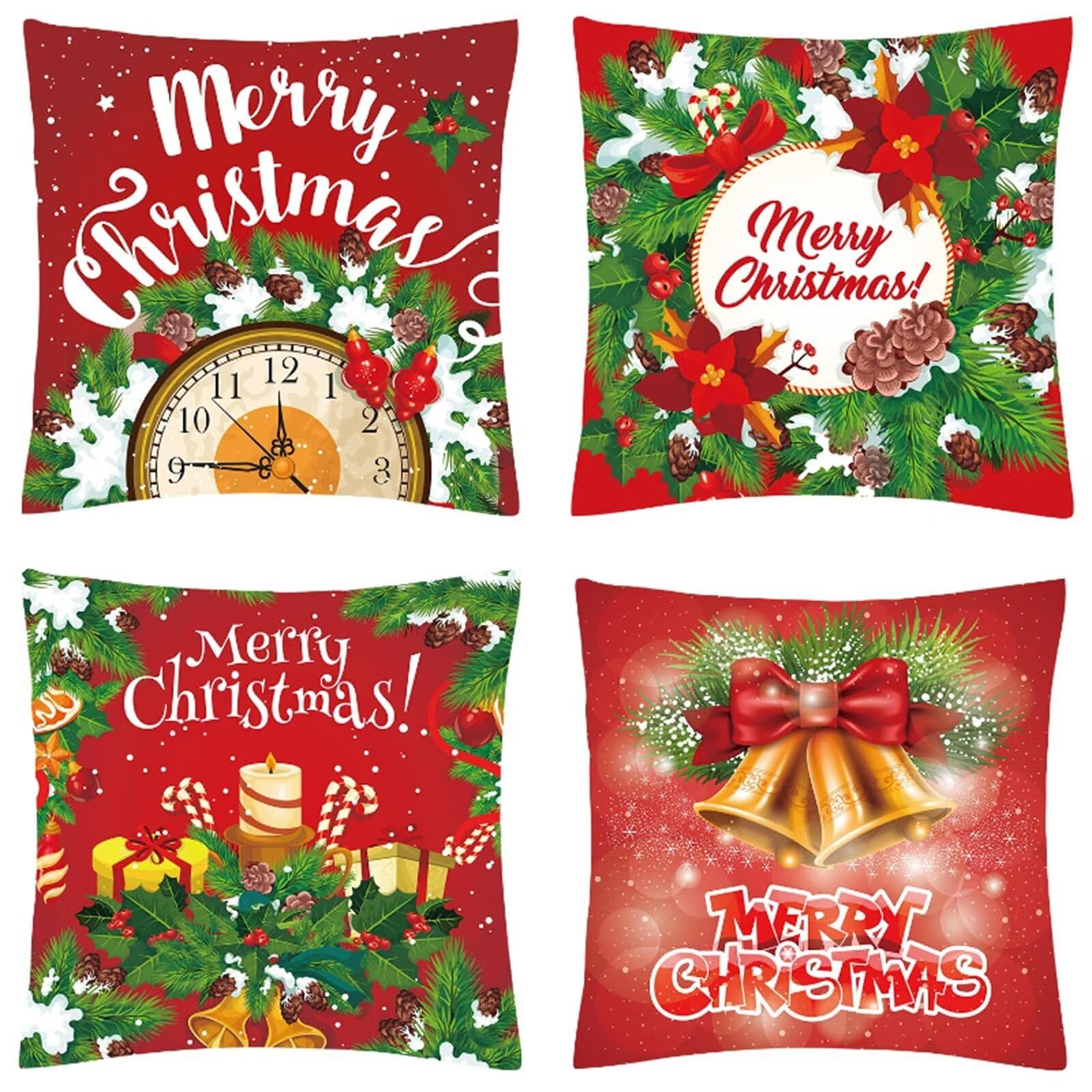 Natale Fodere per Cuscini 60x60cm 4 Pezzi Regalo di Natale campana rossa Cuscini Caso Federa, Copricuscini Natalizi, Invernale Natalizie Divano Decorativi di Natale per Divano Natalizie Decor