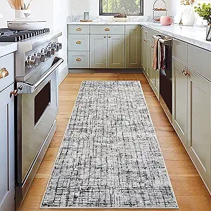 COZYLOOM Washable Runner Rug 2x6 Runner Modern Rug Non Slip Kitchen Rug Abstract Farmhouse Low Pile Entryway Rug Soft Bathroom Rugs Stain Resistant Carpet for Bedroom Hallway Laundry 2'x6' Grey