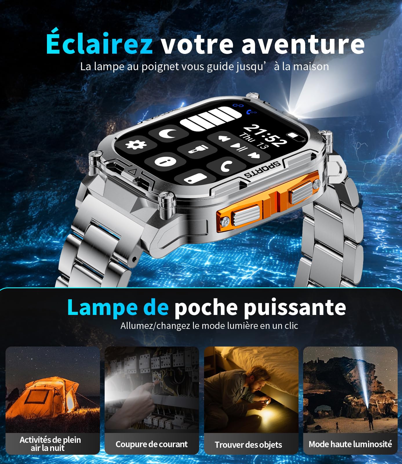 Montre Connectée Homme avec 1000 mAh, Smartwatch Homme LED Lampe 2.01'' Écran HD, Montre Intelligente Santé Cardiaque Sommeil Tension Artérielle 120+ Modes Sportifs