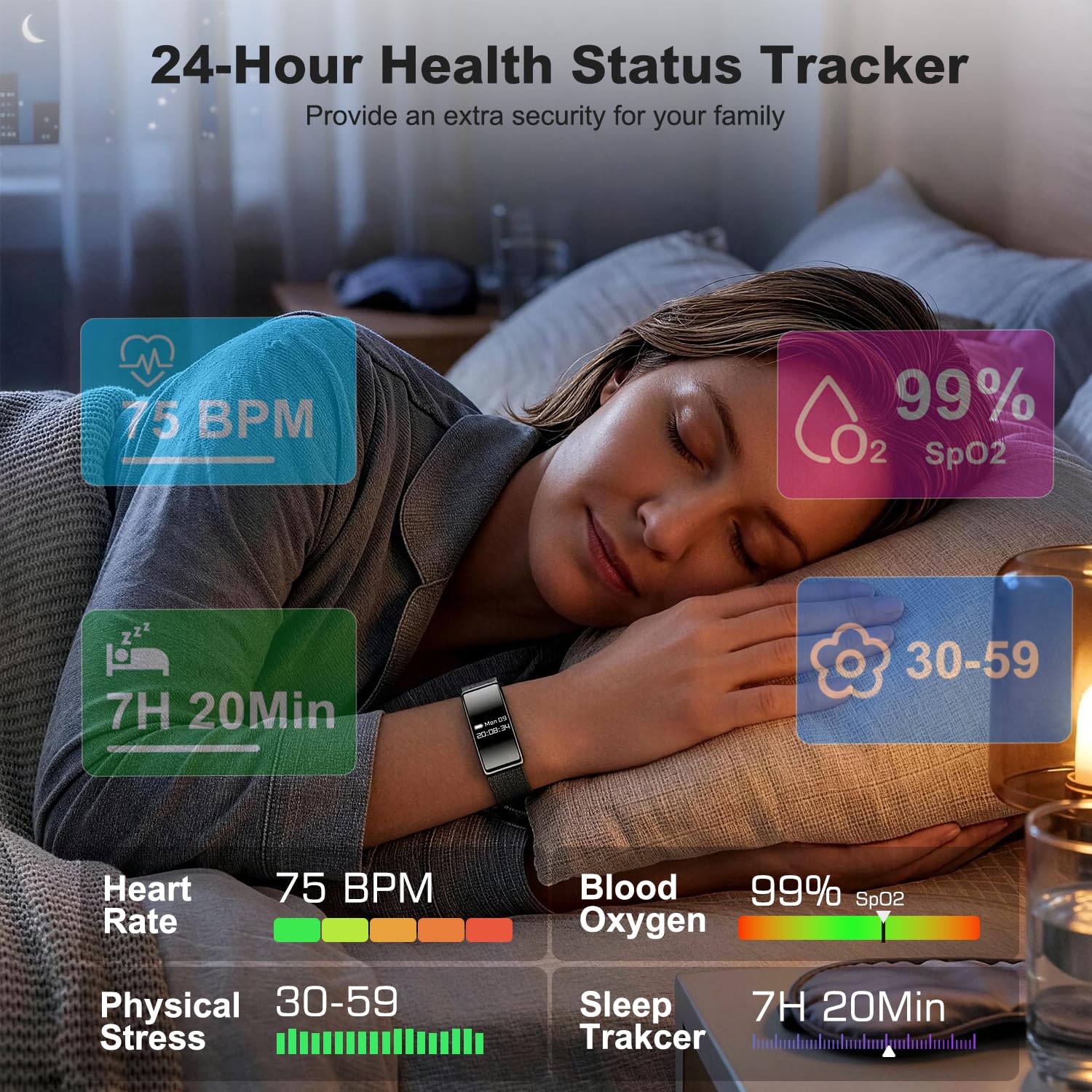 Fitness Tracker Smart Band Donna Uomo, Braccialetto Fitness Smartband con Contapassi, Cardiofrequenzimetro, SpO2, Monitoraggio del Sonno, Modalità Sport Multiple, IPX8, Bluetooth Android iOS