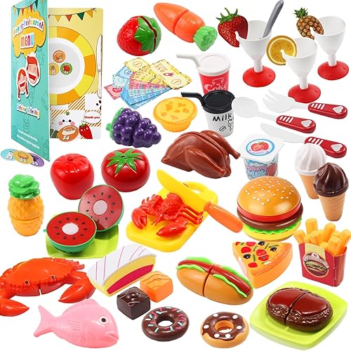 ArtCWK Juego de comida de juego de 90 piezas para niños con menú reutilizable y dinero de juego, juguete de comida de simulación para niños a partir