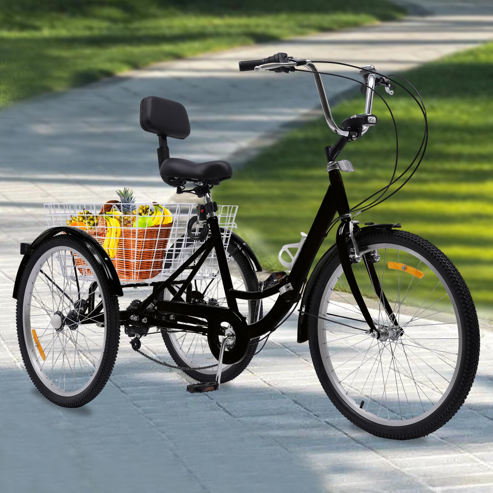24-Zoll-Erwachsenen-Dreirad 7-Gang Faltbares dreirädriges Cruiser Bike mit Einkaufskorb, höhenverstellbarer Sitz für Senioren, Frauen, Männer, Freizeit, Einkaufen