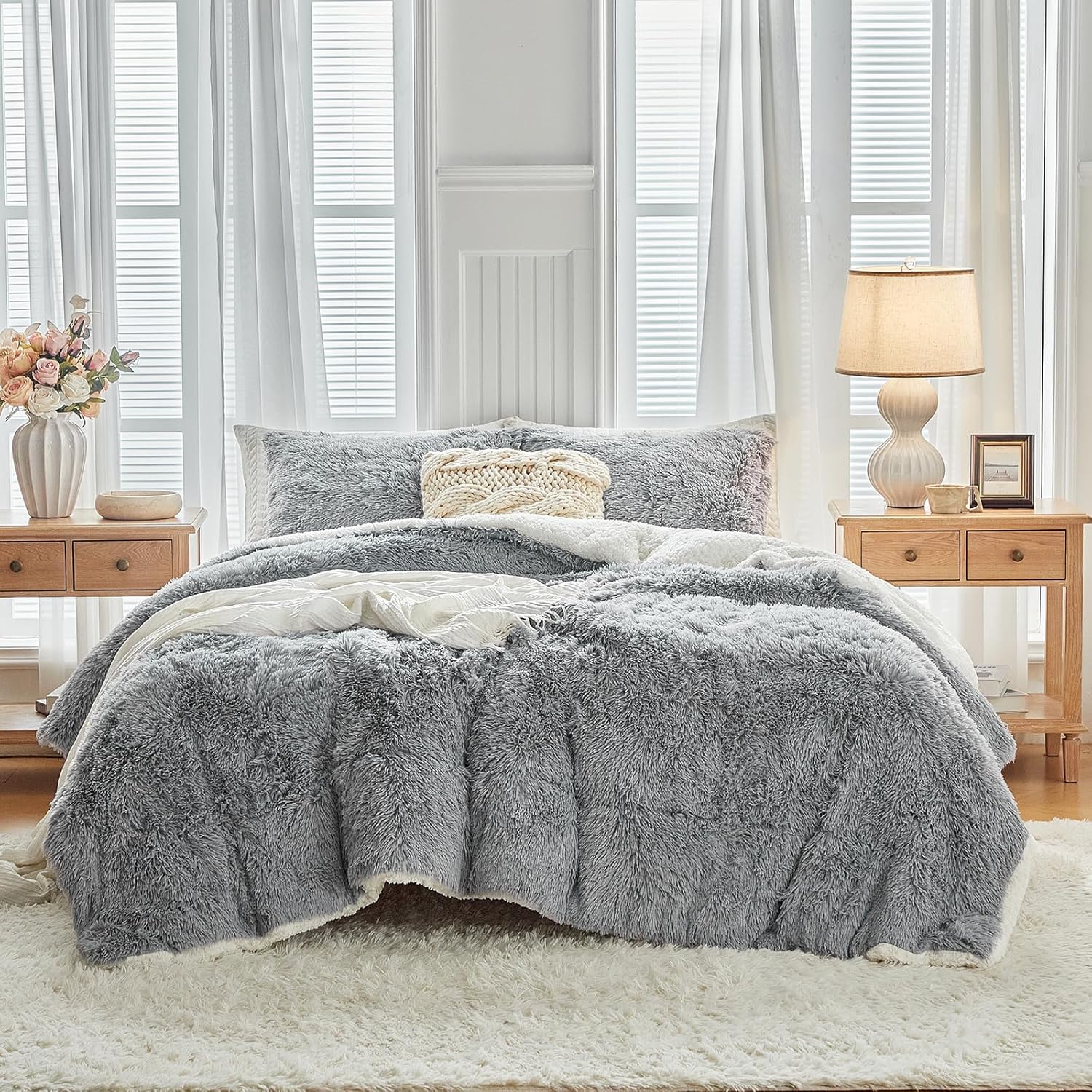 Gray Faux Fur Comforter Set Full / Queen 3 Pieces - 1 Shaggy Comforter 90x90 and 2 Fur Pillowcases, Ultra Soft and Easy Care Sherpa Luxury Plush Super Warm Winter Shaggy Bedding Set - Image 2
