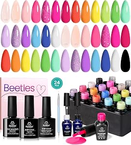 Beetles Summer Gel Nail Polish Set 24pcs Jelly Neon Hot Pink Orange Green Blue Purple Color with White Black Liner Gel Polish and Base Top Coat Nail Art Pen Gifts for Women Fancy Pop
