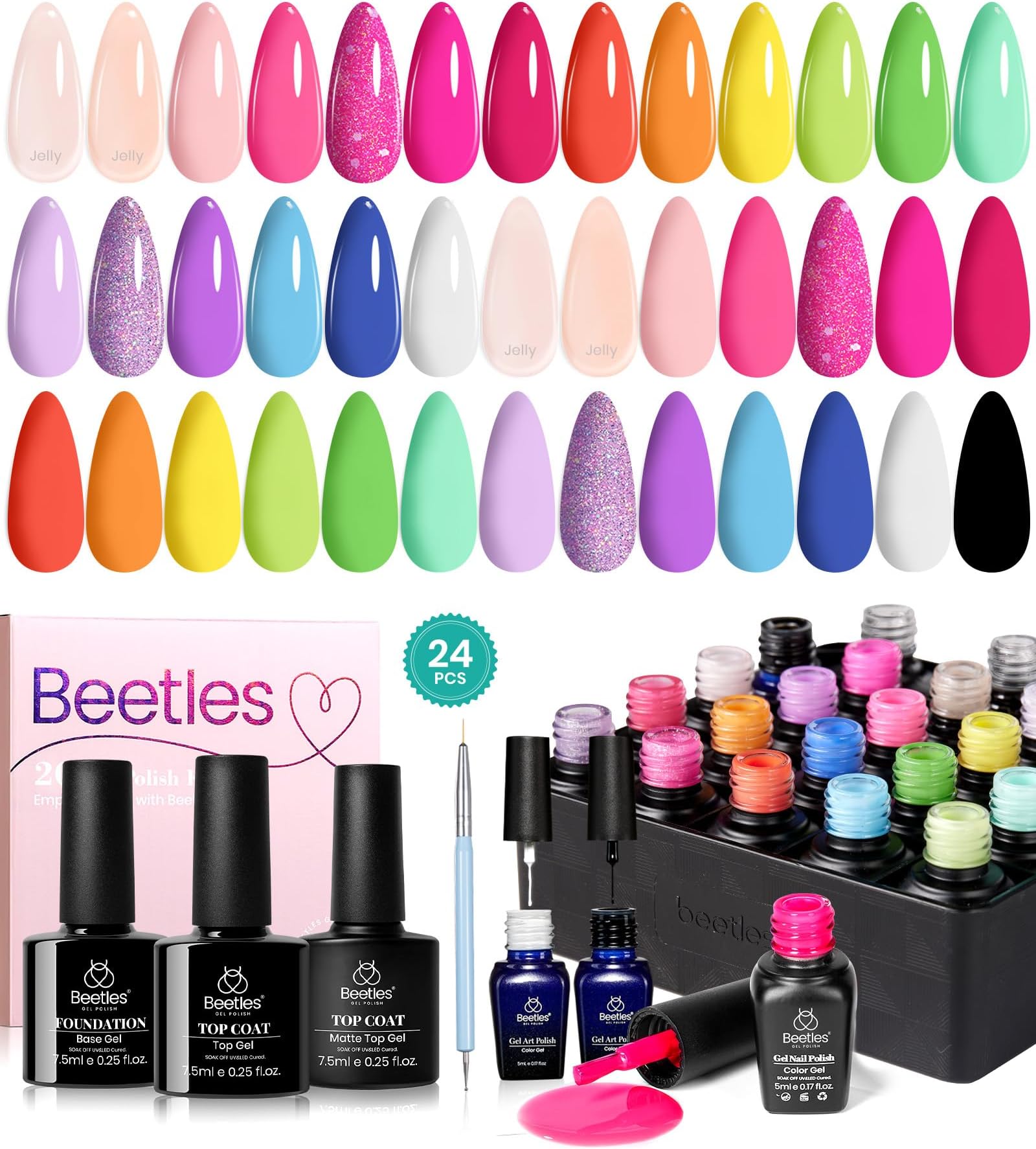 Beetles No Wipe Clear Gel Top and Base Coat Set, Soak-Off LED, Glossy Shine Finish, Long-Lasting, for Lamp Curing, DIY Nail Art at Home