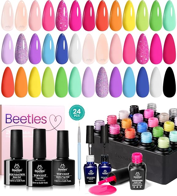 Beetles Summer Gel Nail Polish Set 24pcs Jelly Neon Hot Pink Orange Green Blue Purple Color with White Black Liner Gel Polish and Base Top Coat Nail Art Pen Gifts for Women Fancy Pop