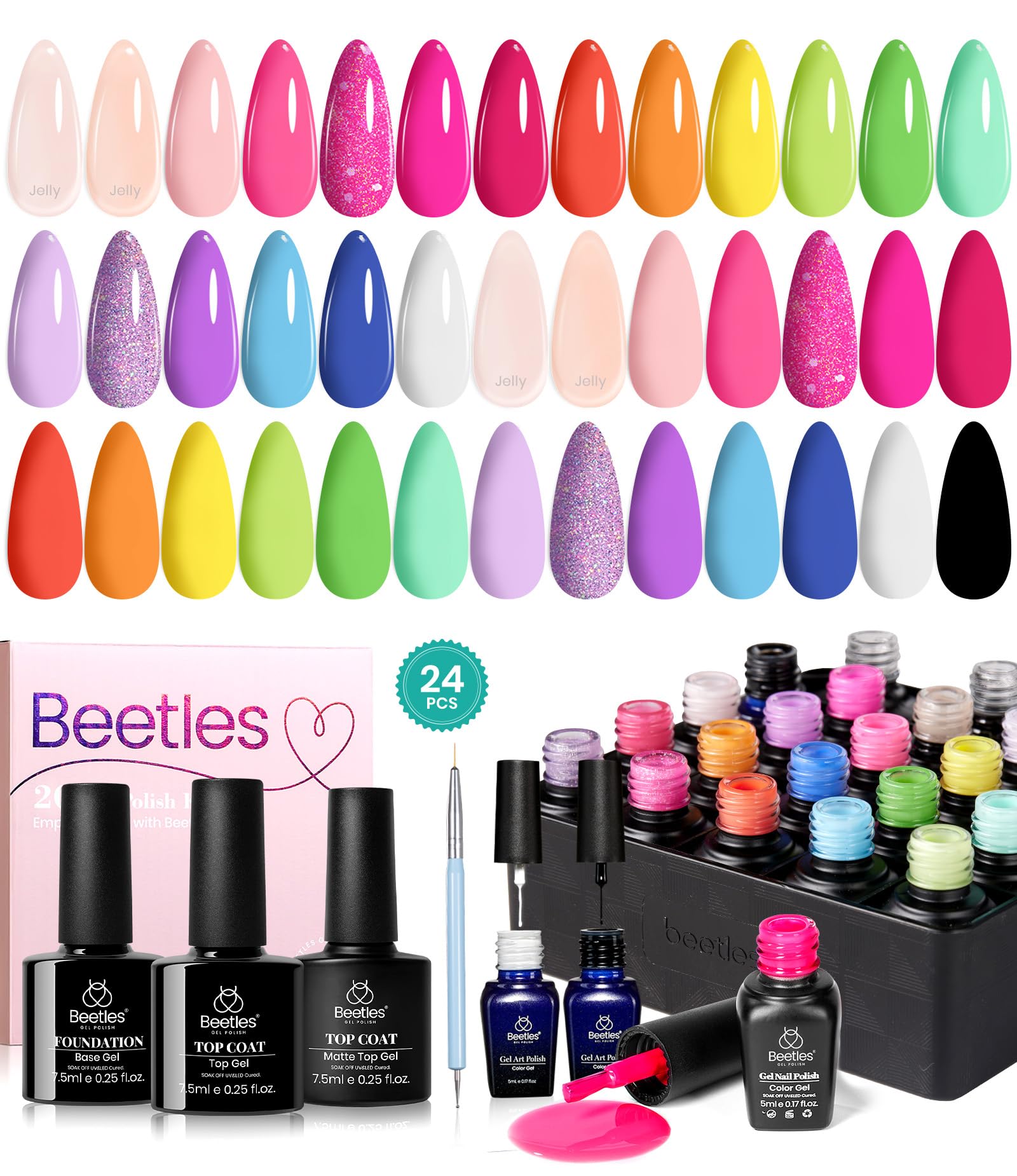 Beetles 20 Colours Gel Nail Kit with 3Pcs Base and Glossy Matte Top Coat Nude Pink Blue Yellow Manicure Art Polish & 2Pcs Liner Gel for Swirl Comic Book Pop Gift for Girls