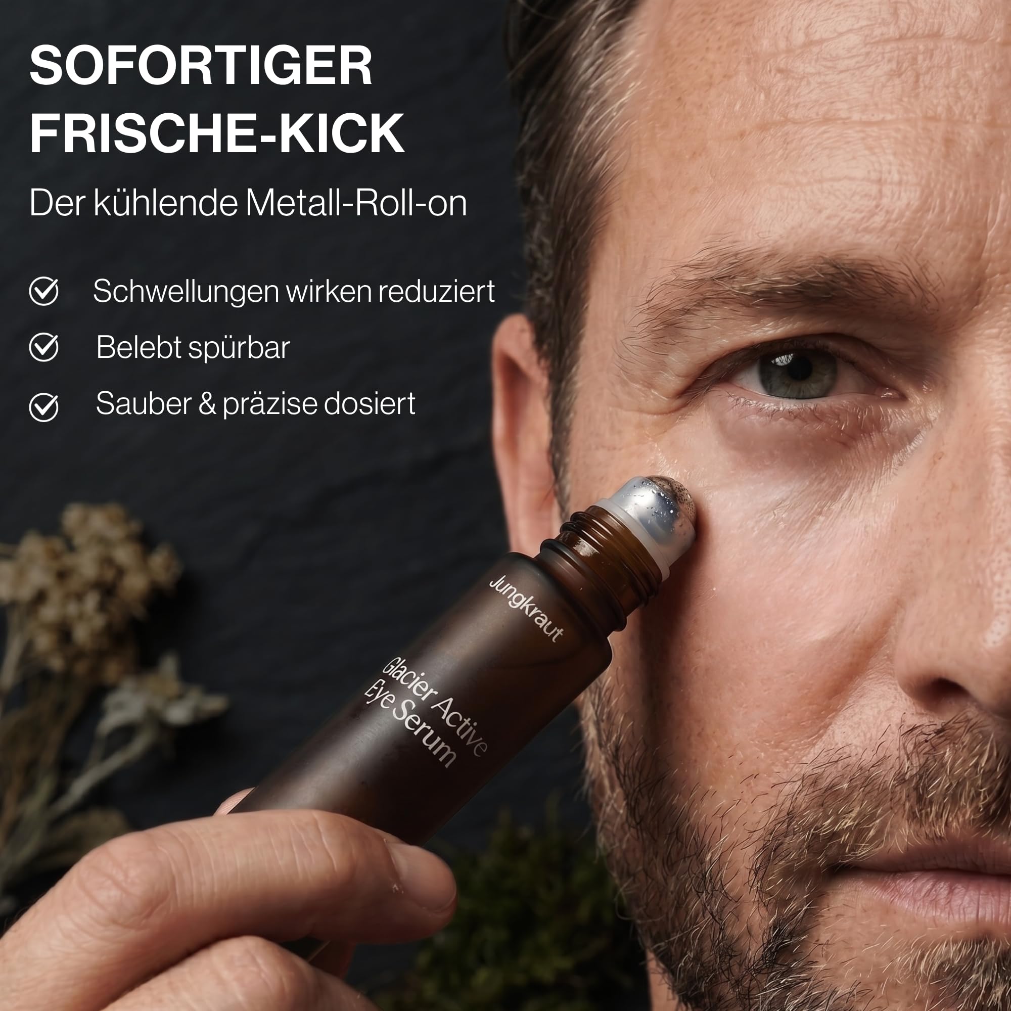 Glacier Active Eye Serum für Männer 10ml, Natürliches, hochkonzentriertes Serum gegen Augenringe, Schwellungen, erste Falten, Mit Hyaluronsäure und Koffein, kühlender Roll-on (vegan)