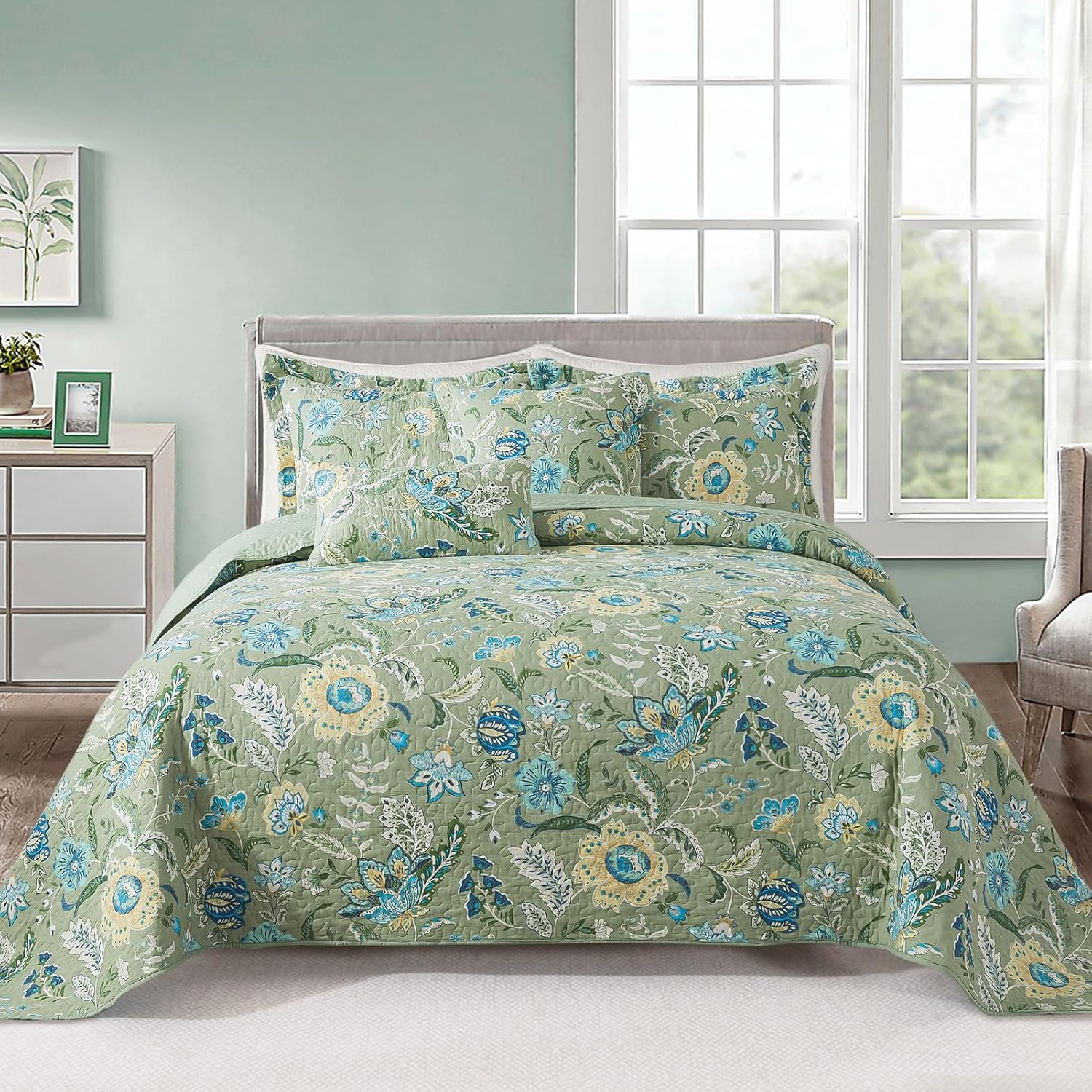 VAPUTAR Queen Quilt Bedding Set - Cotton Bedspreads Queen Size (90 x 98 inch) with Floral Pattern, Farmhouse Lightweight Queen Size Quilt Suitable for All Season?3 Pieces, Olive Green? Olive Green Queen (90" × 98")