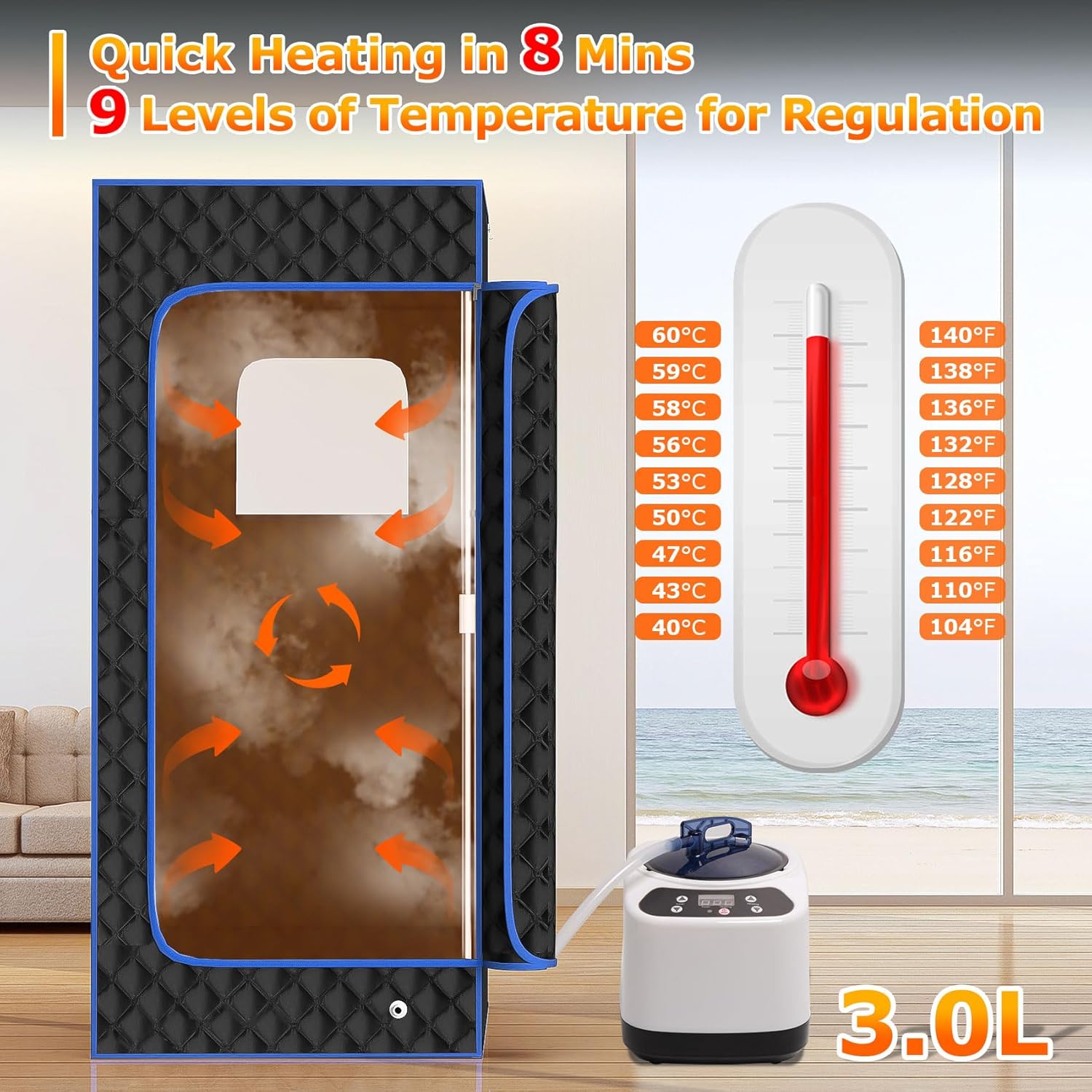 Slendor Portable Sauna, Steam Sauna for Home, Sauna Box with 3L Steamer, Sauna Tent with Folding Chair, Indoor Sauna with Remote Control, 9 Levels at Home Sauna, Portable Sauna 2.6’ x 2.6’ x 5.9’