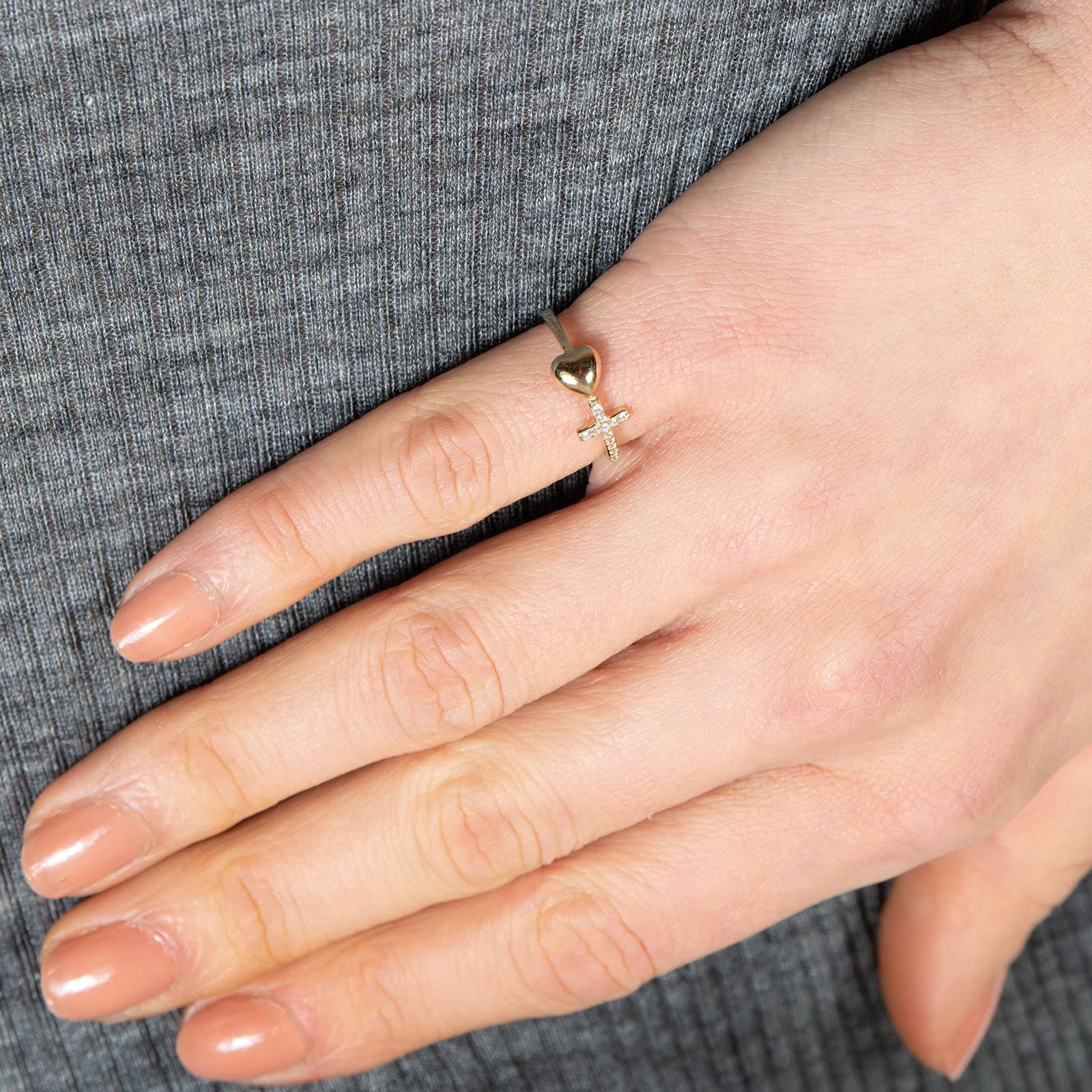 Ring Herz und Kreuz Damen 925er Silber 18 Karat vergoldet mit Zirkonia -,