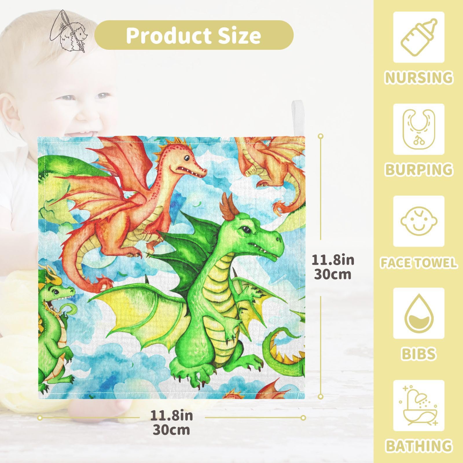Kigai Colorful Cartoon Dragon Baby Washcloths,5pcs Ultra Soft Absorbent Towel,Newborn Bath Face Towel, Natural Reusable Baby Wipes for Sensitive Skin, Baby Registry as Shower