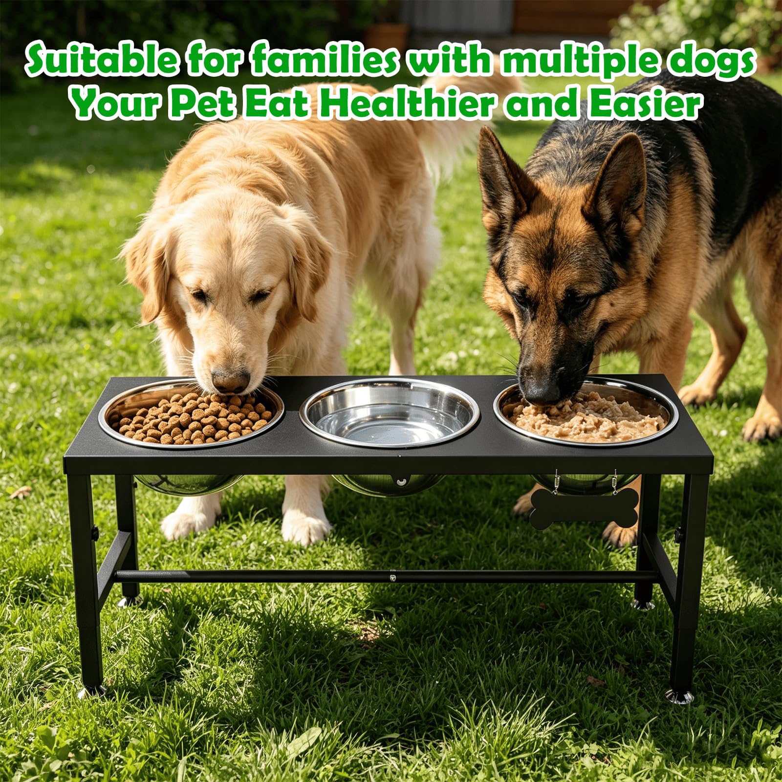 SHAINFUN Soporte elevado para cuencos para perros grandes y perros extragrandes con 3 cuencos de 101 onzas, 4 comederos elevados de altura ajustable con alfombrilla antiderrames, estación de alimentos