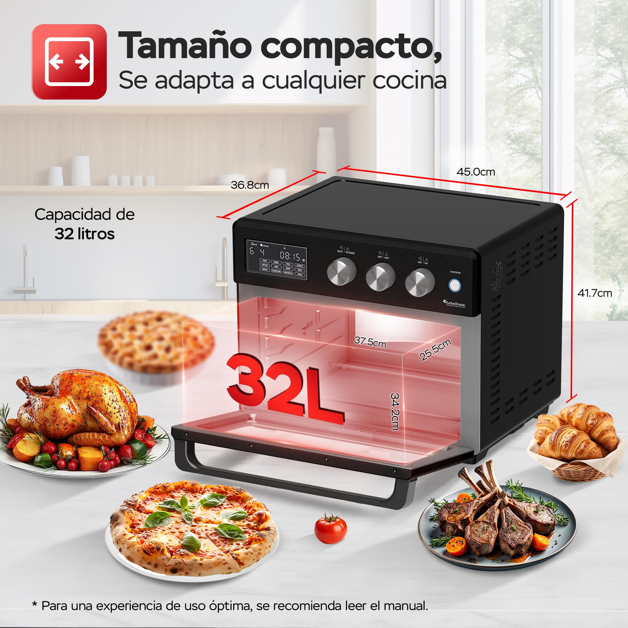 TurboTronic Horno de Aire Caliente XXL 32L con Spiedo Giratorio, 5 en 1: Horno, Deshidratador, Freidora sin Aceite, desde 25°C, Potencia 1700W