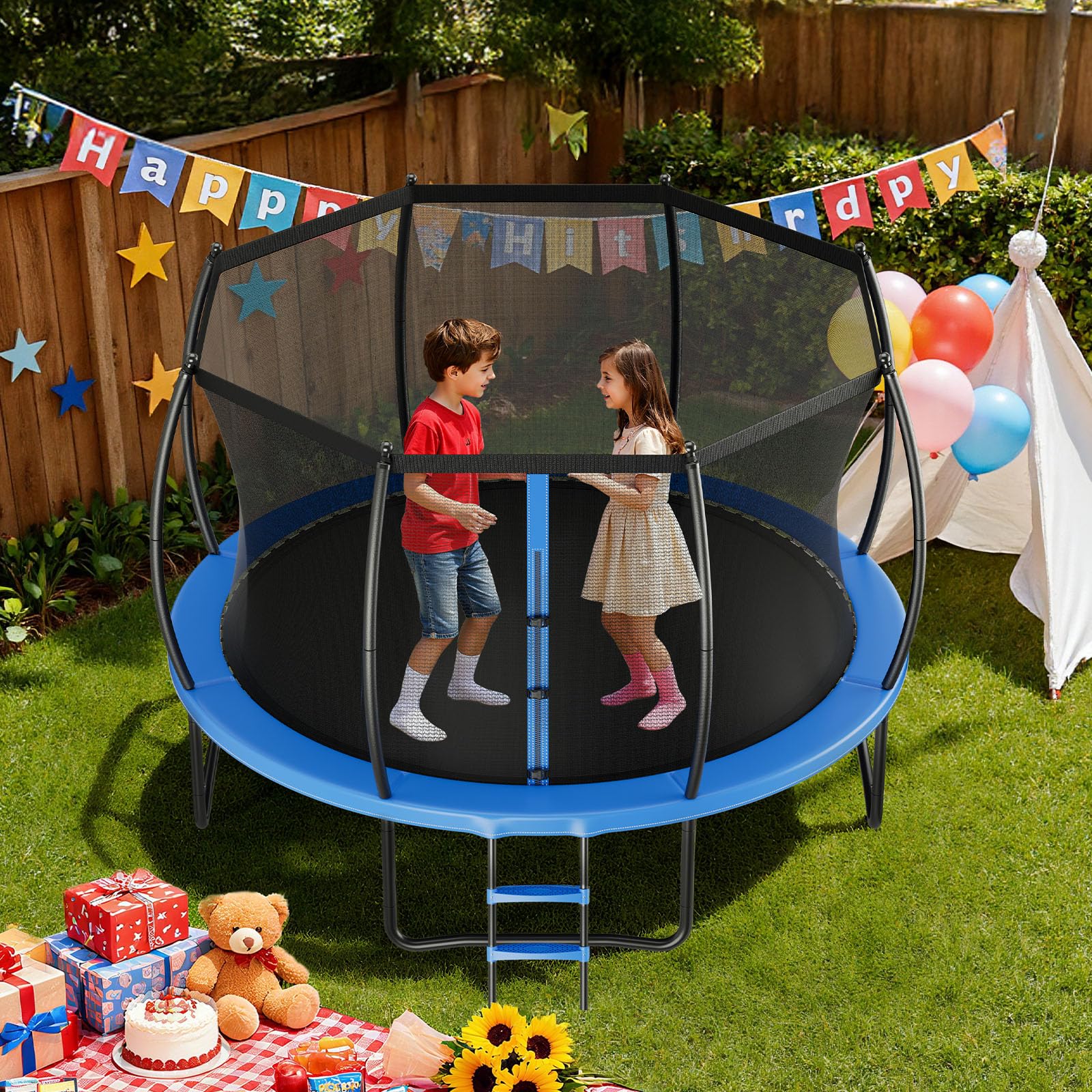 VEVOR Trampolín de Exterior 427 x 260 cm, Cama Elástica Infantil con Red de Protección y Almohadilla Gruesa, Capacidad Máxima de 204 kg, Trampolín al Aire Libre, Regalo de Cumpleaños para Niños