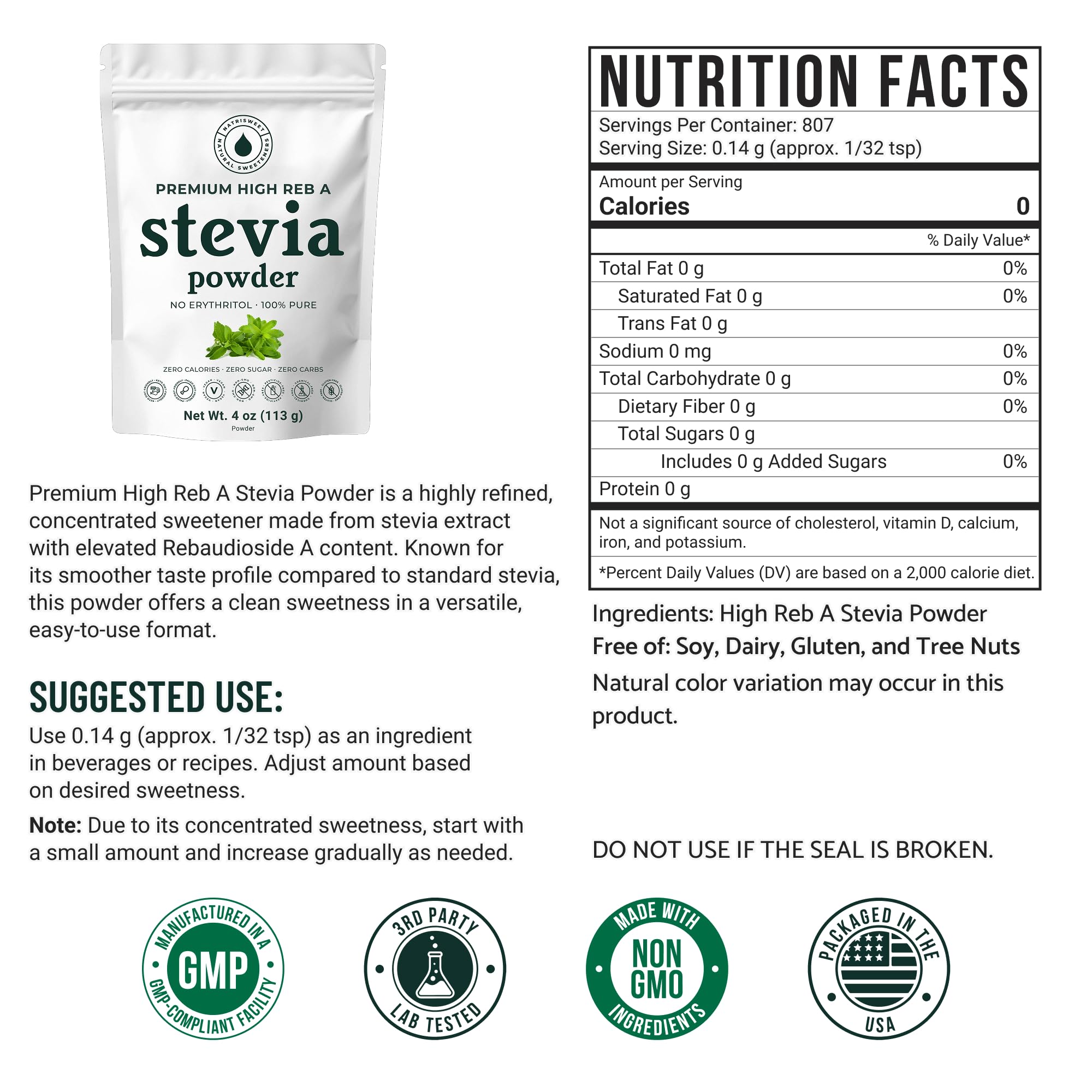 Stevia en polvo puro de alta calidad, extracto de estevia en polvo natural para hornear, edulcorante cero calorías, sin rellenos, sin regusto, apto para dieta cetogénica sin OMG, 810 porciones, 113 g