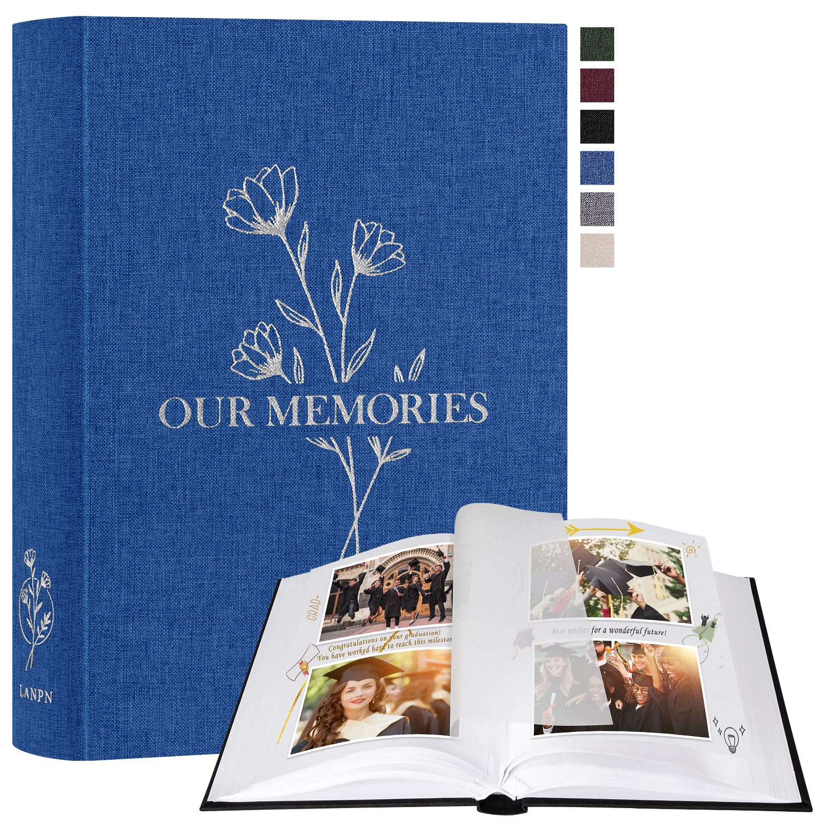 Lanpn Photo Album for DIY Gluing Small OUR MEMORIES Linen Photo Book 100 White Pages with Parchment Dividers Holds 9 x 13 10 x 15 13 x 18 cm Photos (19 x 27 cm