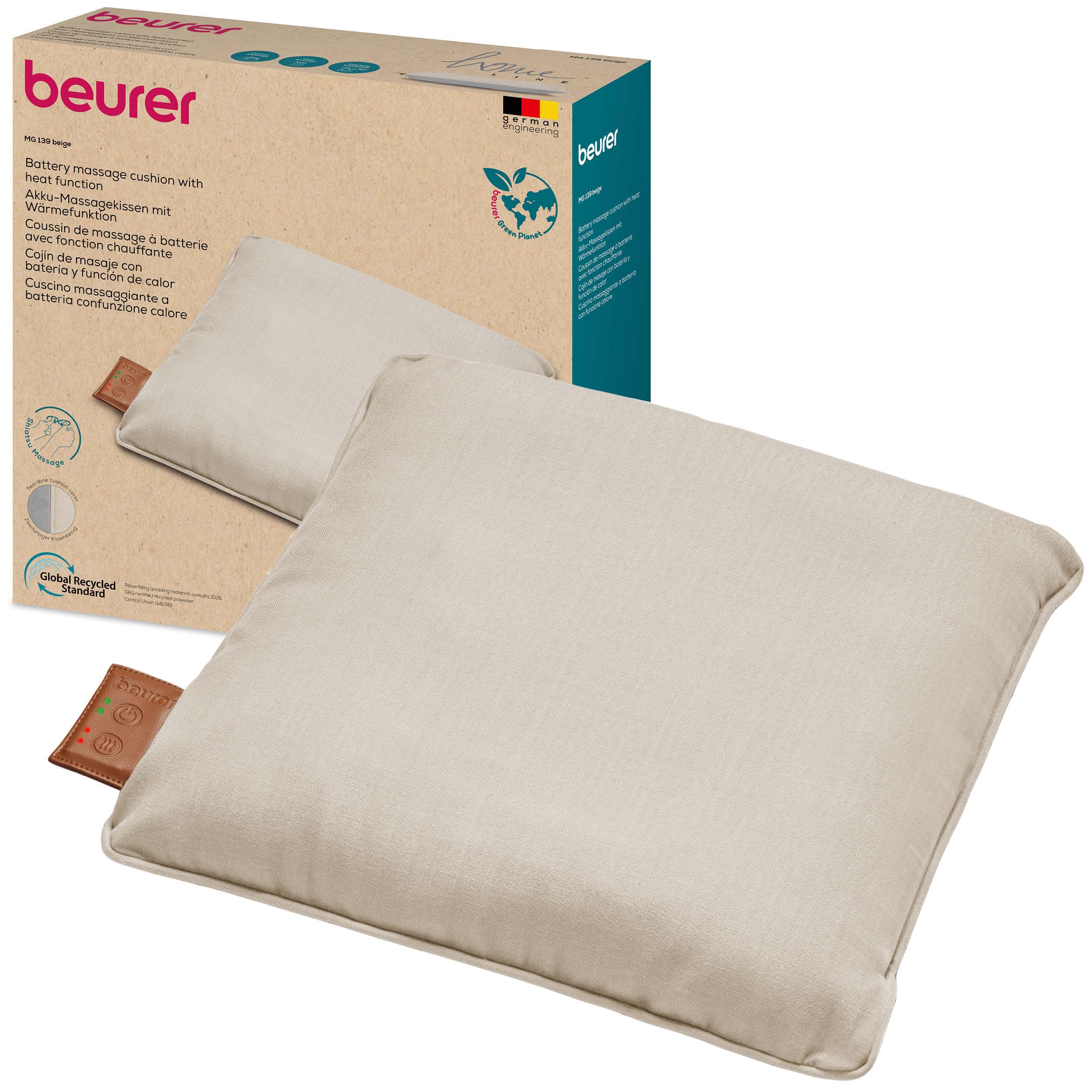Beurer MG 139 - CojÃn de masaje inalámbrico Shiatsu con función de calor, calor conmutable, fabricado con material reciclado, lavable a máquina, apagado automático, 40 x 40 cm, color beige