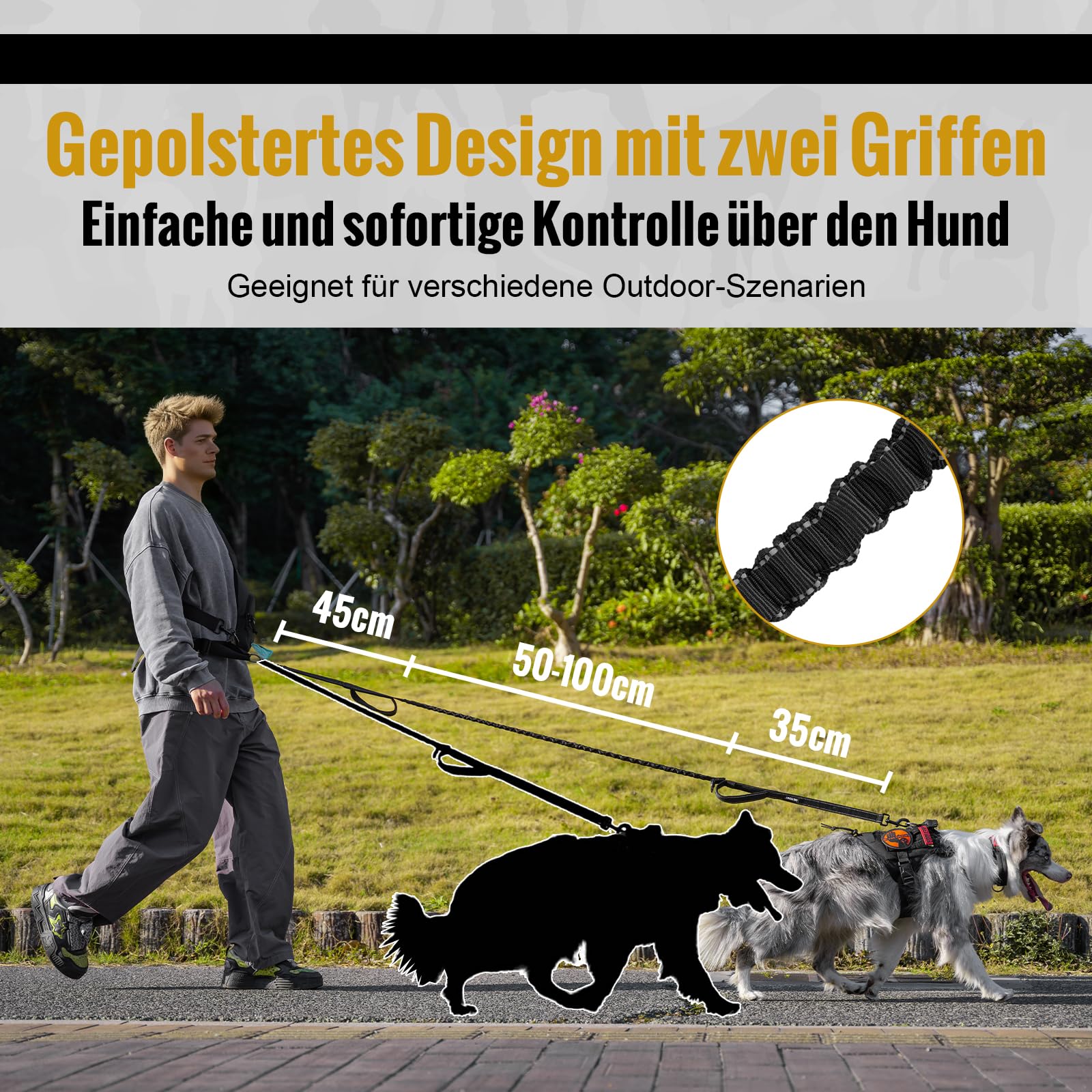 OneTigris Guinzaglio da jogging per cani, con cintura imbottita, tasca sul petto, anti-stress, doppio manico, riflettente 3 in 1, adatto per escursioni, corsa, allenamento, 130-180 cm