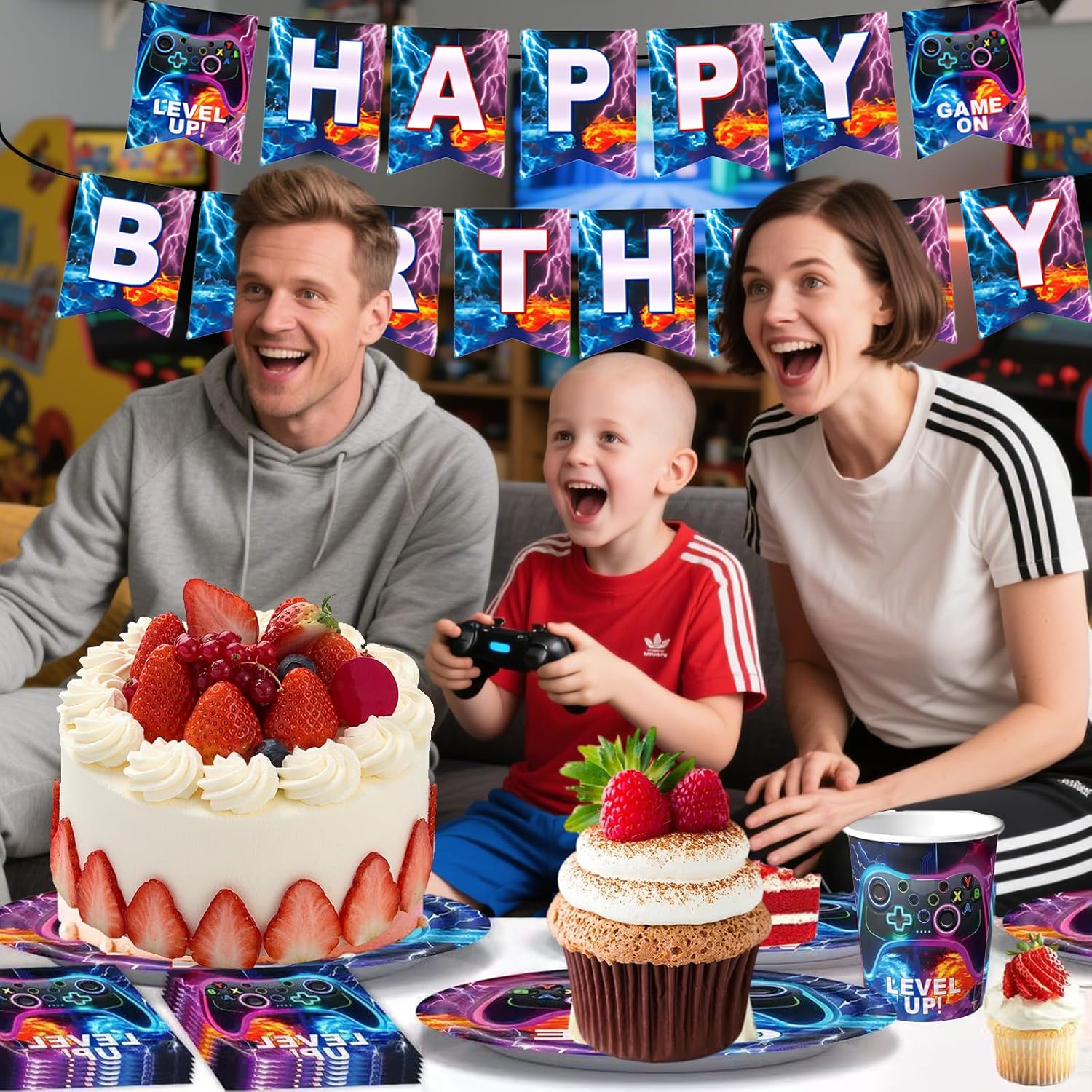 Video Game Birthday Party Decorations, Gamer Birthday Party Decorations Game on Themed Plates Napkins Cups Tablecloth Banner Tableware Sets Party Supplies for Boys, Serve for 20 Guests