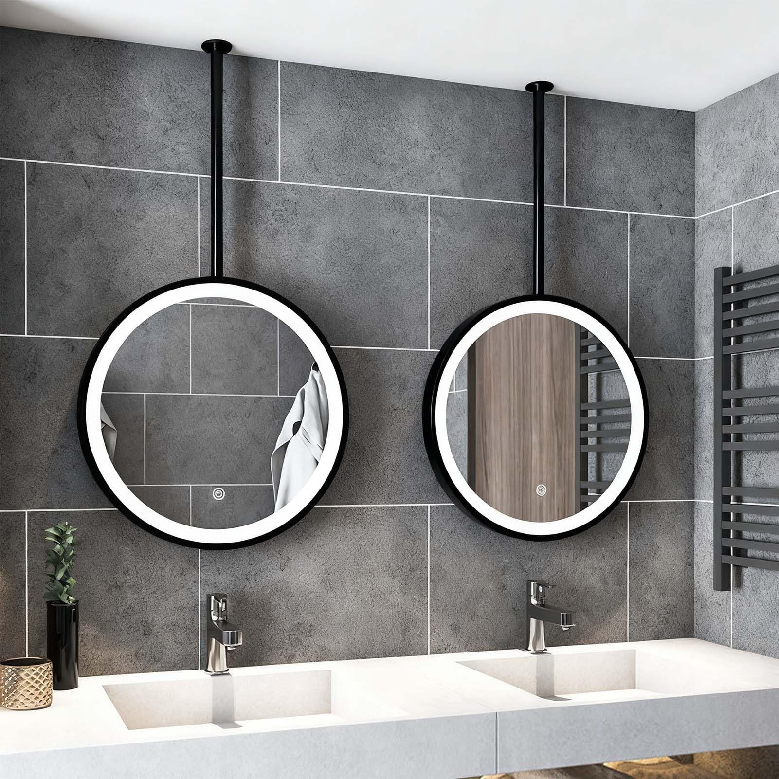 FGXHHS Circle Vanity/Makeup Mirrors for Bathroom Illuminated LED Mirror Wall Mounted with 3 Colour Lighting, Ceiling Hanging Rod - Boom can be customized(Black,Diameter-50CM/19.7INCH)