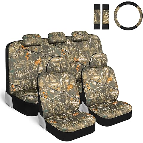 BDK Hunter Camo Car Seat Covers Full Set with Camo Steering Wheel Cover and Seat Belt Cover Pad – Forest Camouflage Pattern, Automotive Front Seat & Bench Back Seat Cover for Cars Trucks SUV