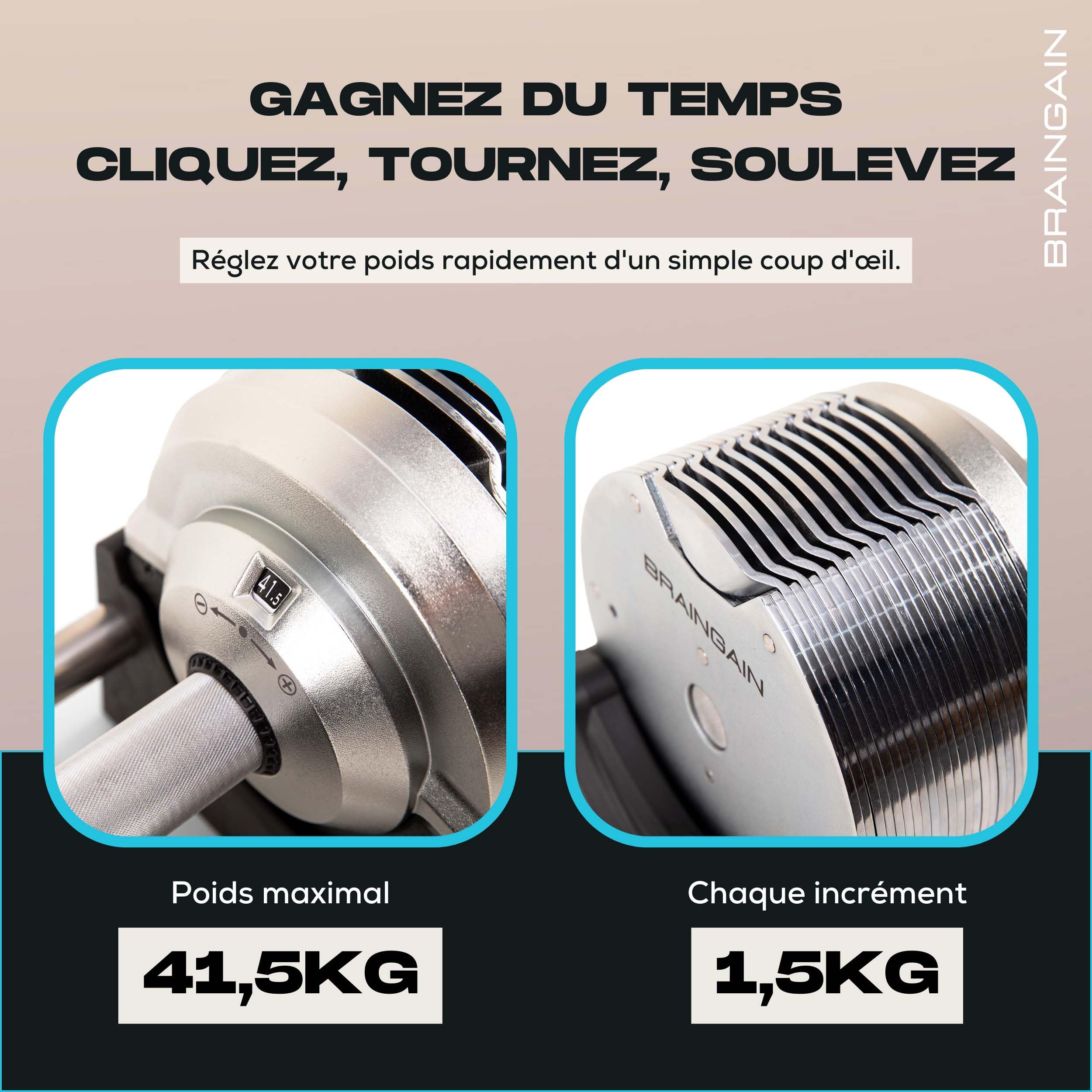 BRAINGAIN Haltères réglables - 23,5kg, 32,5kg, 41,5kg Chrome/Noir - Poids polyvalents pour la musculation à domicile