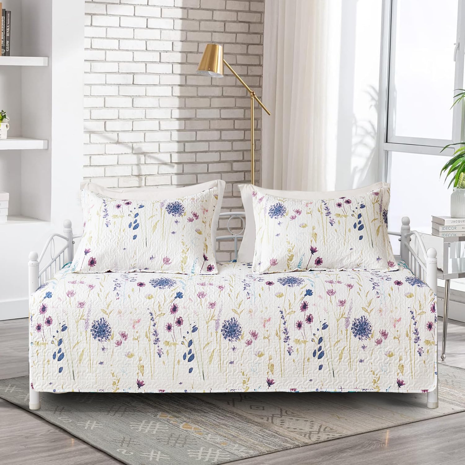 Jarson 3-Piece Floral Daybed Cover Set,Twin Patchwork Daybed Bedding Sets,Purple Green Floral Daybed Comforter for All Season,Home Country Botanical Flower Daybed Bedding with Matching Shams,39"x75"