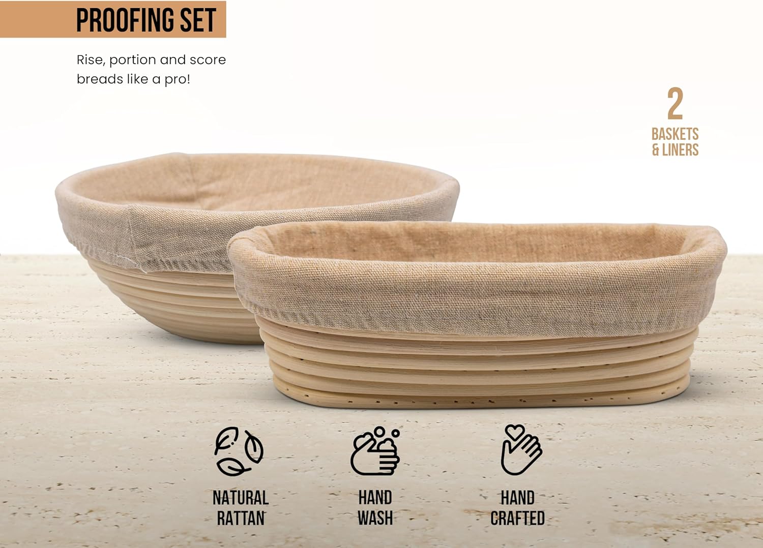 Kook Banneton Bread Proofing Baskets, Artisan Sourdough Bread Making Baskets, 9 Inch Handwoven Rattan Baskets, 1 Round and 1 Oval Basket, and 2 Cloth Liners, Set of 2 - Image 5
