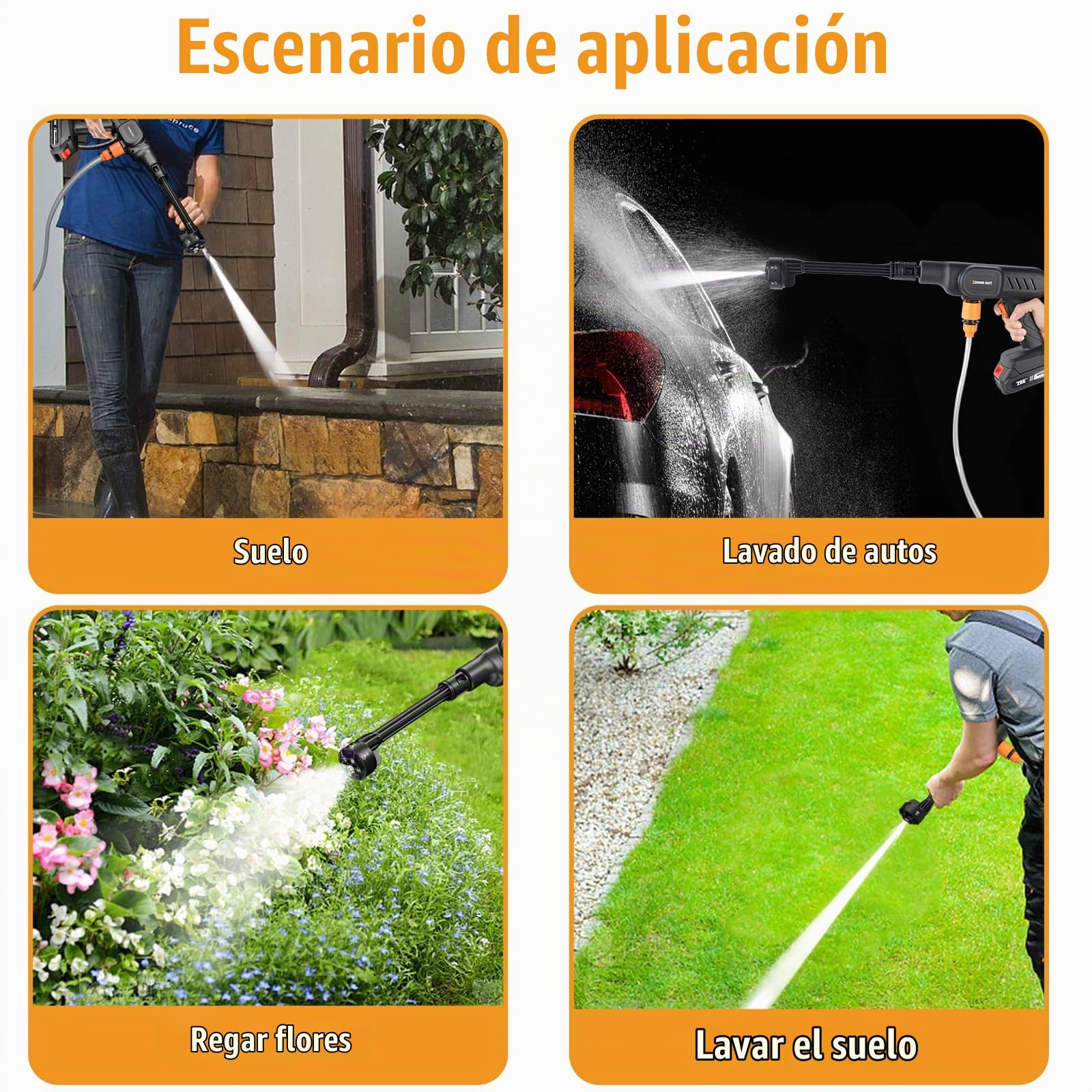 Hidrolimpiadora Bateria, 21V Máx 60Bar Hidrolimpiadora de Alta Presion, Press & Clean Pistola Lavado, Manguera de 5M, Boquilla Ajustable 6 en 1, Jarra de Espuma (con 2 baterías de 6000 mAh)