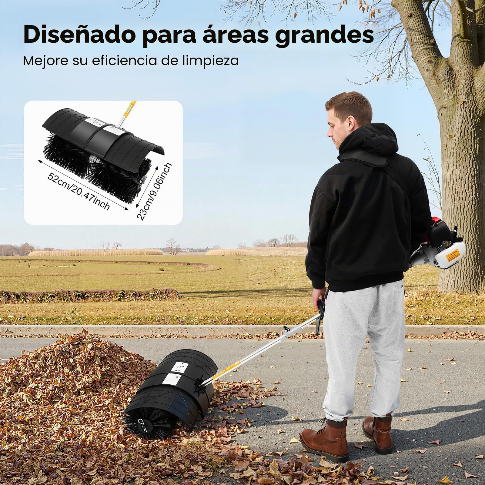 Barredora de gasolina de 52 CC, 2 tiempos, 1,7 kW, 2,3 CV, motor de gasolina Broom, dispositivo de mano/lateral colgante, barrido, limpieza para avenidas, césped (A)