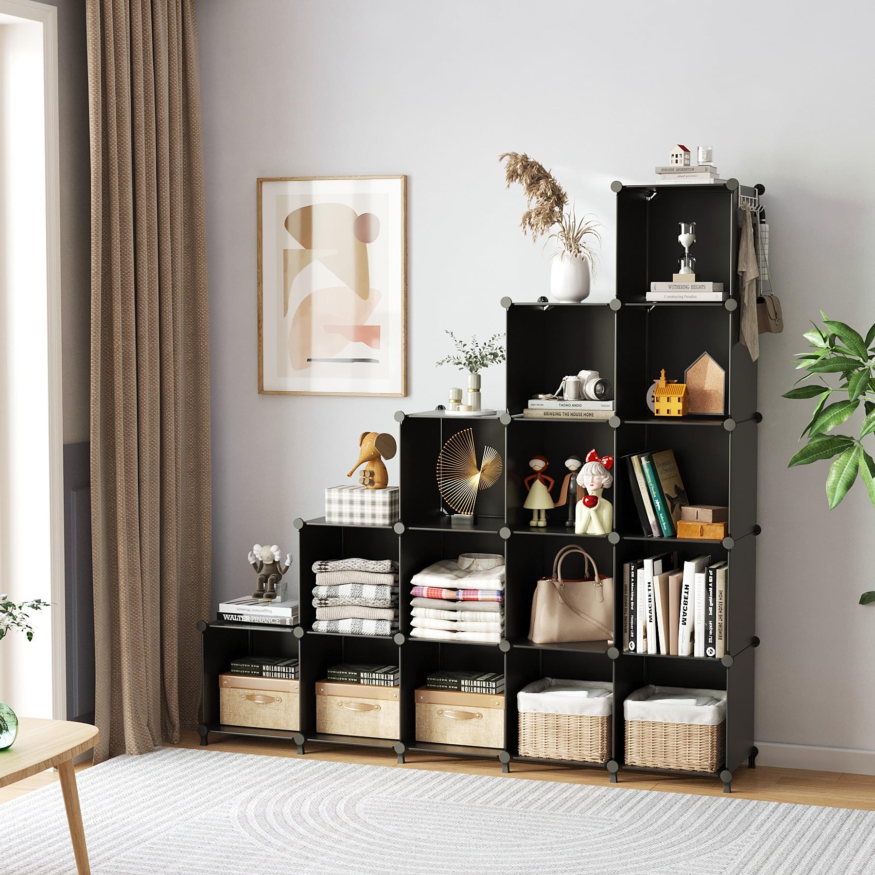 AWTATOS Cubo organizador de almacenamiento modular de 16 cubos, estantería de plástico DIY para armario, estantes de almacenamiento con mazo de madera, solución de almacenamiento ideal para el hogar,