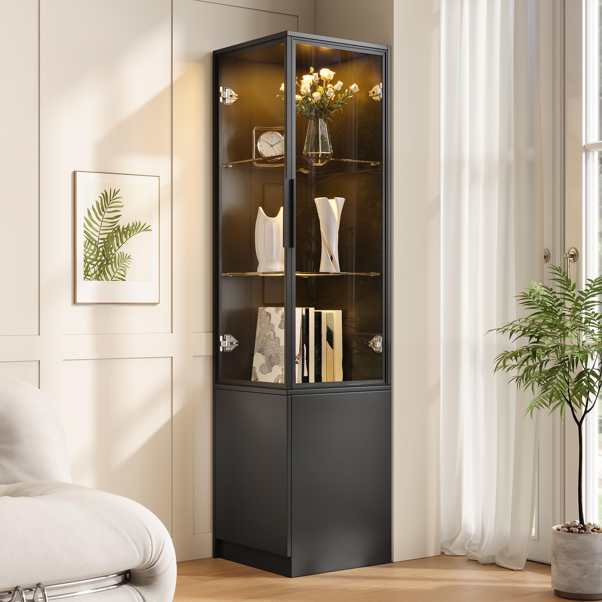 Shye Armario de salón de PB, armario de cristal, armario esquinero, vitrina, puertas de vidrio templado con marco de aluminio, estantes de cristal, color negro