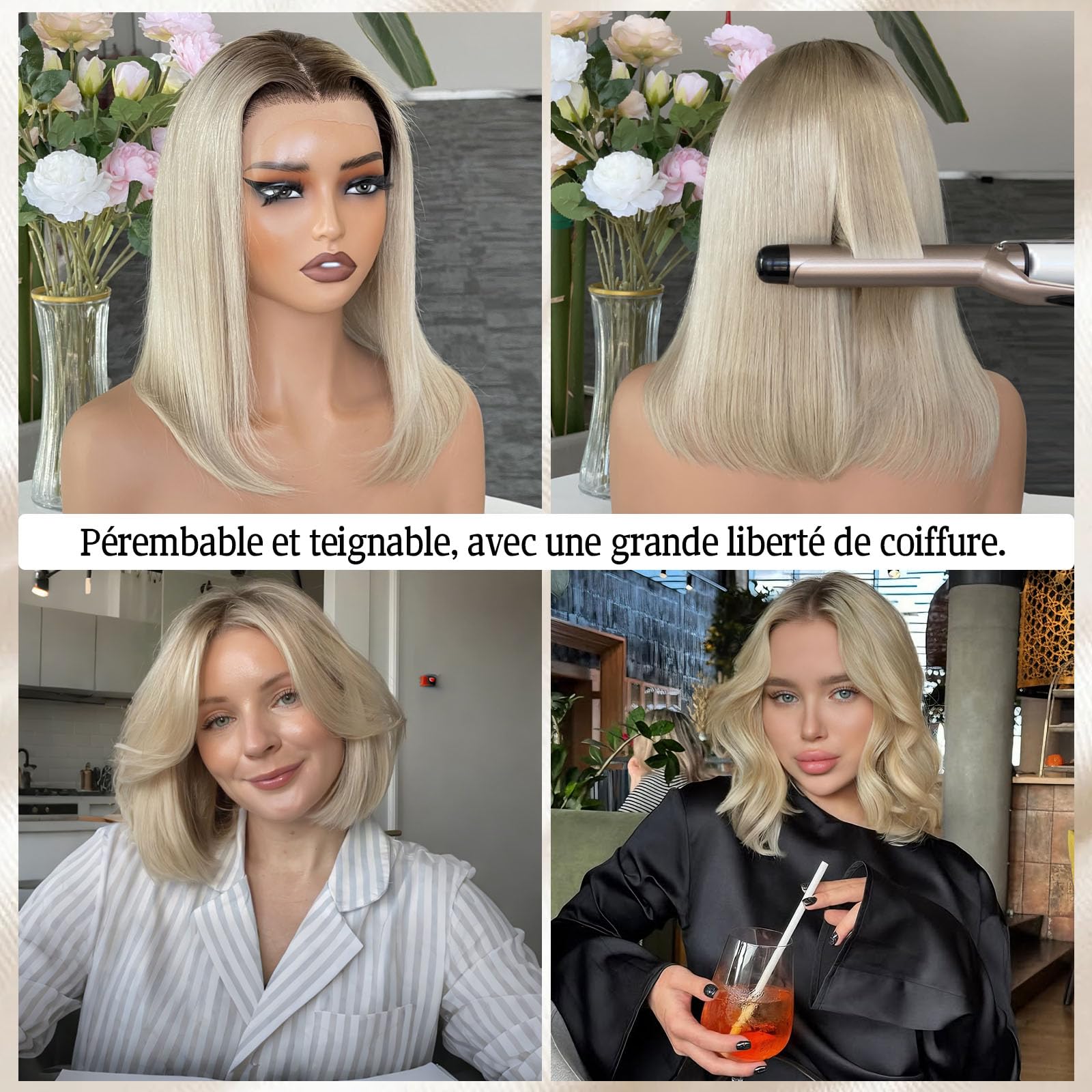 Perruque Bob Court Densité 180% - Cheveux Humains Teinture Balayage Salon Lune Cendrée Ombre Racinaire, Dentelle Nude Améliorée 13x4, Résistante à la Chaleur & Flexibilité de Séparation