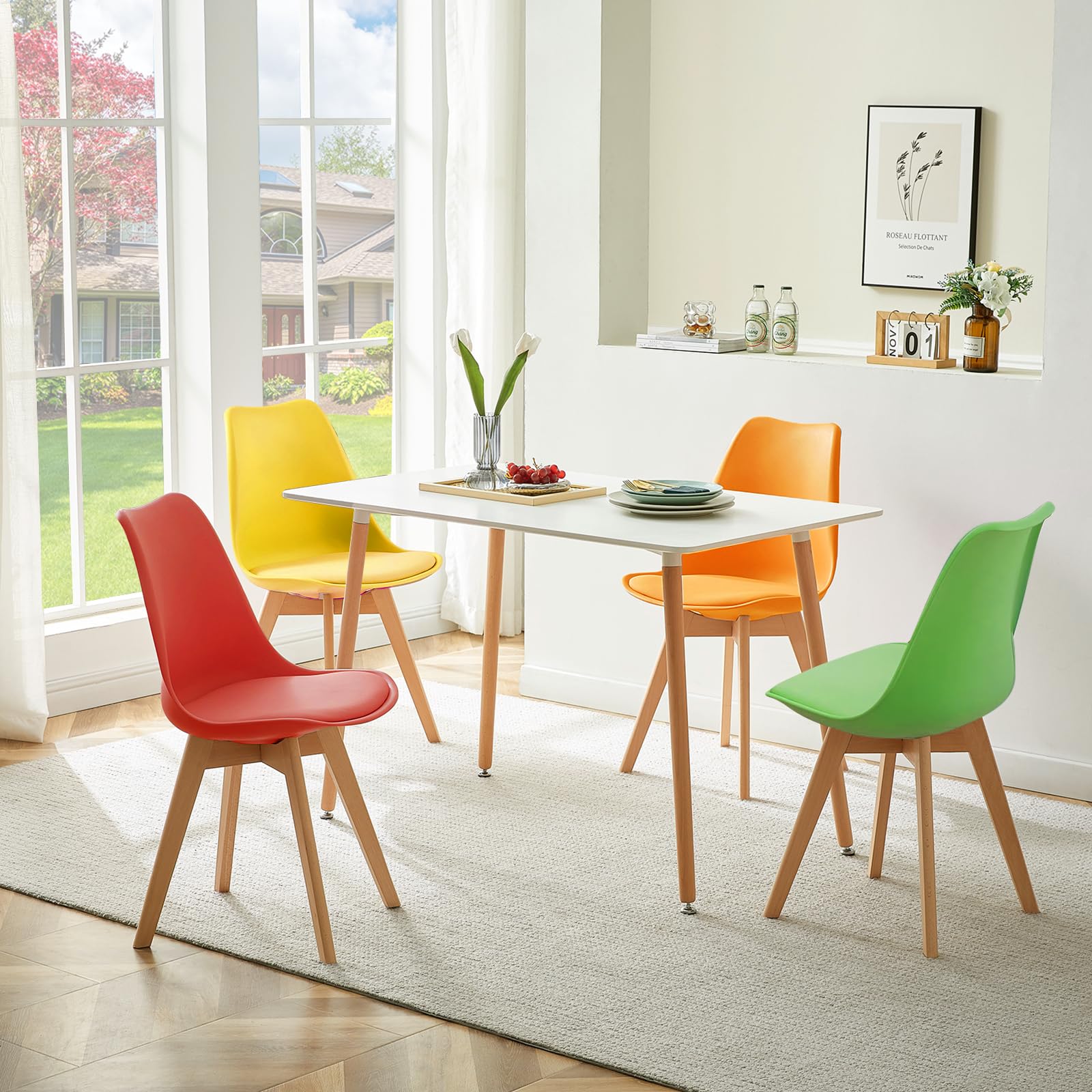 Ensemble de salle à manger avec 4 chaises, 4 chaises rectangulaires pour salon, cuisine, bureau (table blanche + chaise rouge, jaune, vert et orange)