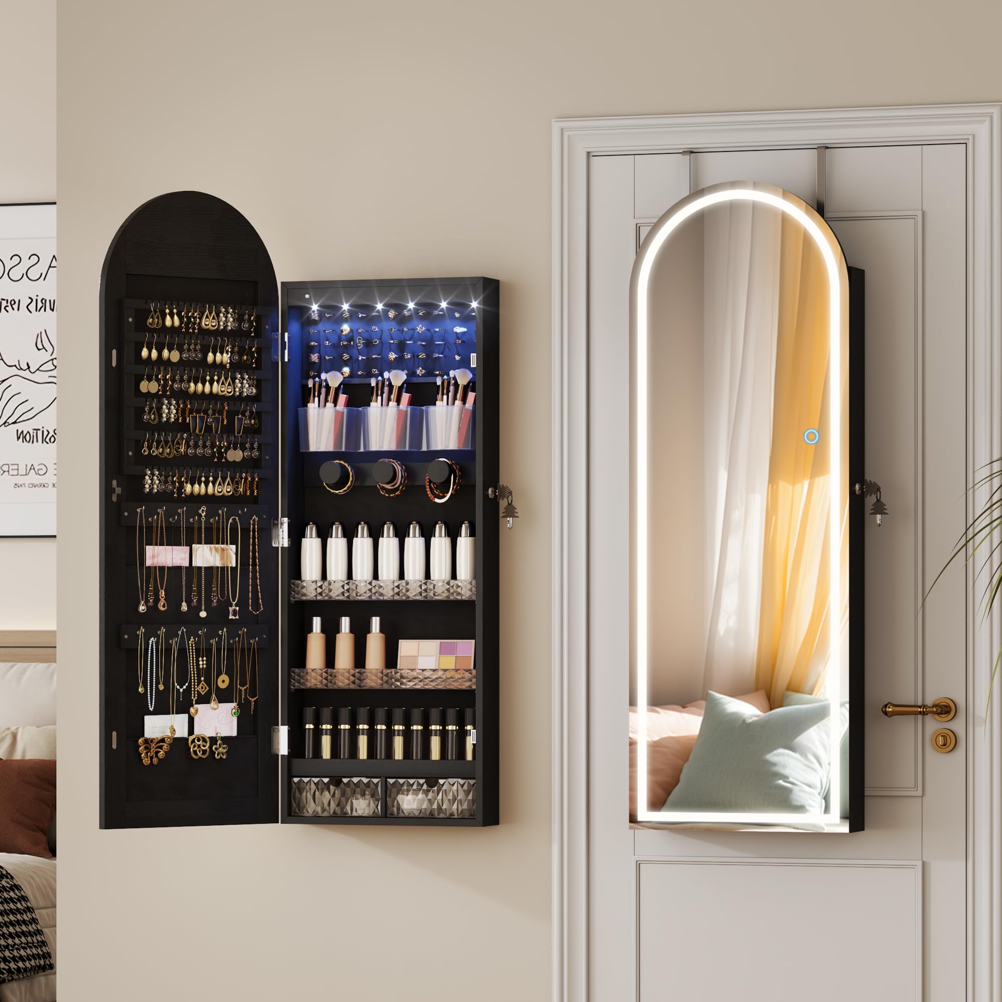 LVSOMT LED Gewölbter Schmuckschrank Hängend, Schmuckschrank mit Spiegel und Licht, Wand/Tür Hängend Schmuck Schrank Abschließbarer, Bogen Spiegel mit 3 Farben Licht, Höhenverstellbarer Haken, Schwarz