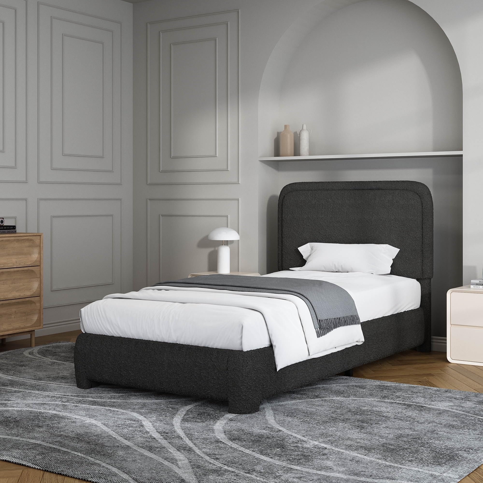 BarnFurin Twin Size Bed Frame, Boucle Upholstered Platform Bed Frame with Headboard, Soft Rounded Corners, No Box Spring Required, Non-Slip and