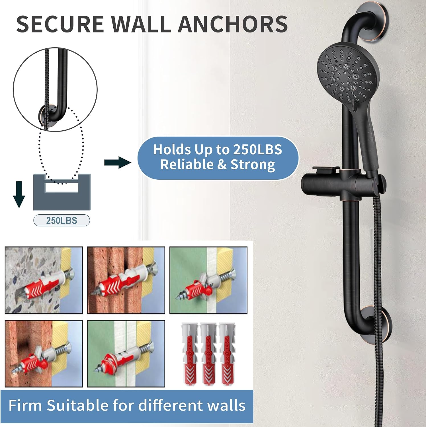 BRIGHT SHOWERS Slide Bar Shower Set with Handheld Shower Head, ADA-Compliant Stainless Steel Grab Bar, Adjustable Height and 69-Inch Hose, Oil Rubbed Bronze image 5