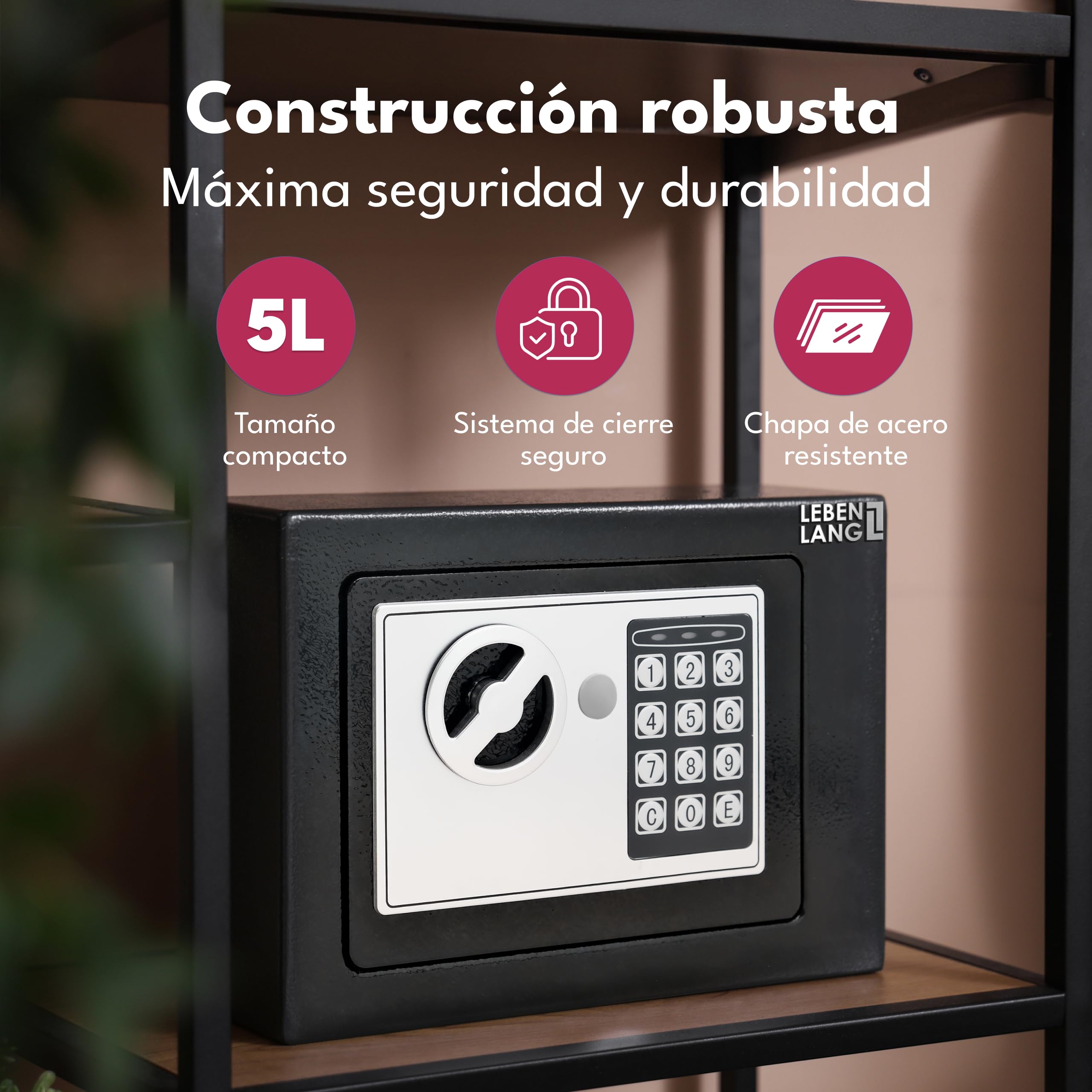 LEBENLANG 5L Caja fuerte pequeña para el hogar - Incl. bolsa ignifuga para documentos & llave de emergencia I caja fuertes empotrable mueble caja fuerte con cerradura de combinación Mini safe Cofre