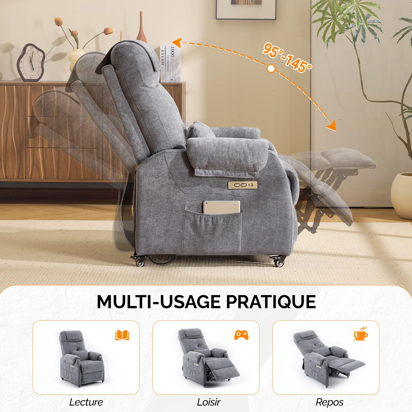 Bonnlo Fauteuil Massant, Fauteuil de Relaxation avec 6 Points de Massage et Chauffage, Dossier et Repose-Pieds Réglable Automatiquement, Équipé d'un Appui-tête et Un Coussin, Gris Foncé, Tissu