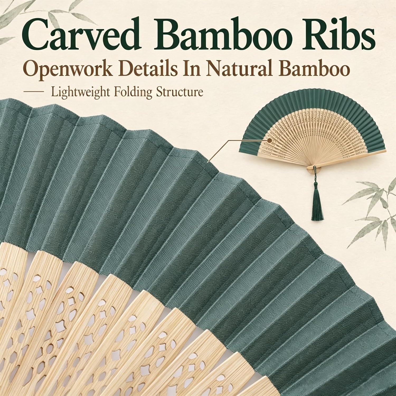 14.96" Classical Folding Fans for Women,Bamboo Silk Dark Green