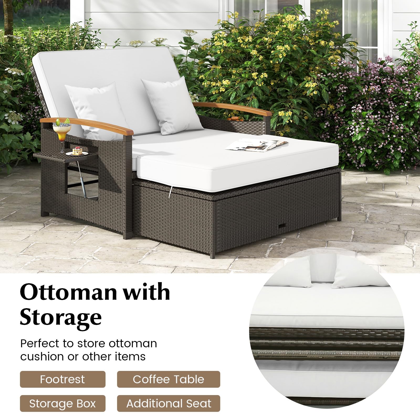 GIANTEX Zestaw mebli ogrodowych z rattanu, 2-osobowa sofa rattanowa i stołek, sofa rozkładana z bocznymi stolikami i poduszkami, podwójny leżak do ogrodu, na balkon, taras (brązowy+beżowy)
