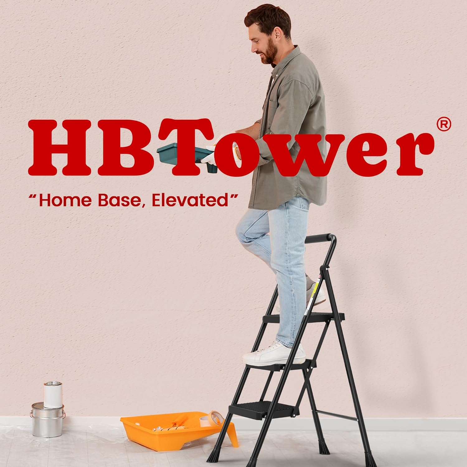 HBTower 3 Step Ladder, Folding Step Stool with Wide Anti-Slip Pedal, 500lbs Sturdy Steel Ladder, Convenient Handgrip, Lightweight, Portable Steel Step Stool, Black - Image 7