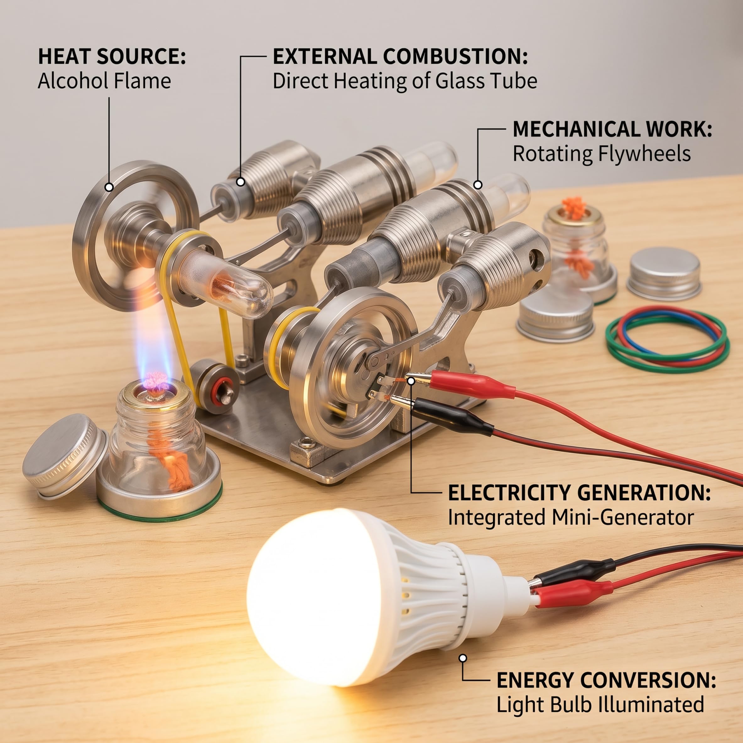 Modello Motore Stirling, Kit Motore Stirling - Set Completo dimostrativo di scienze educative con Circuito e Lampadina