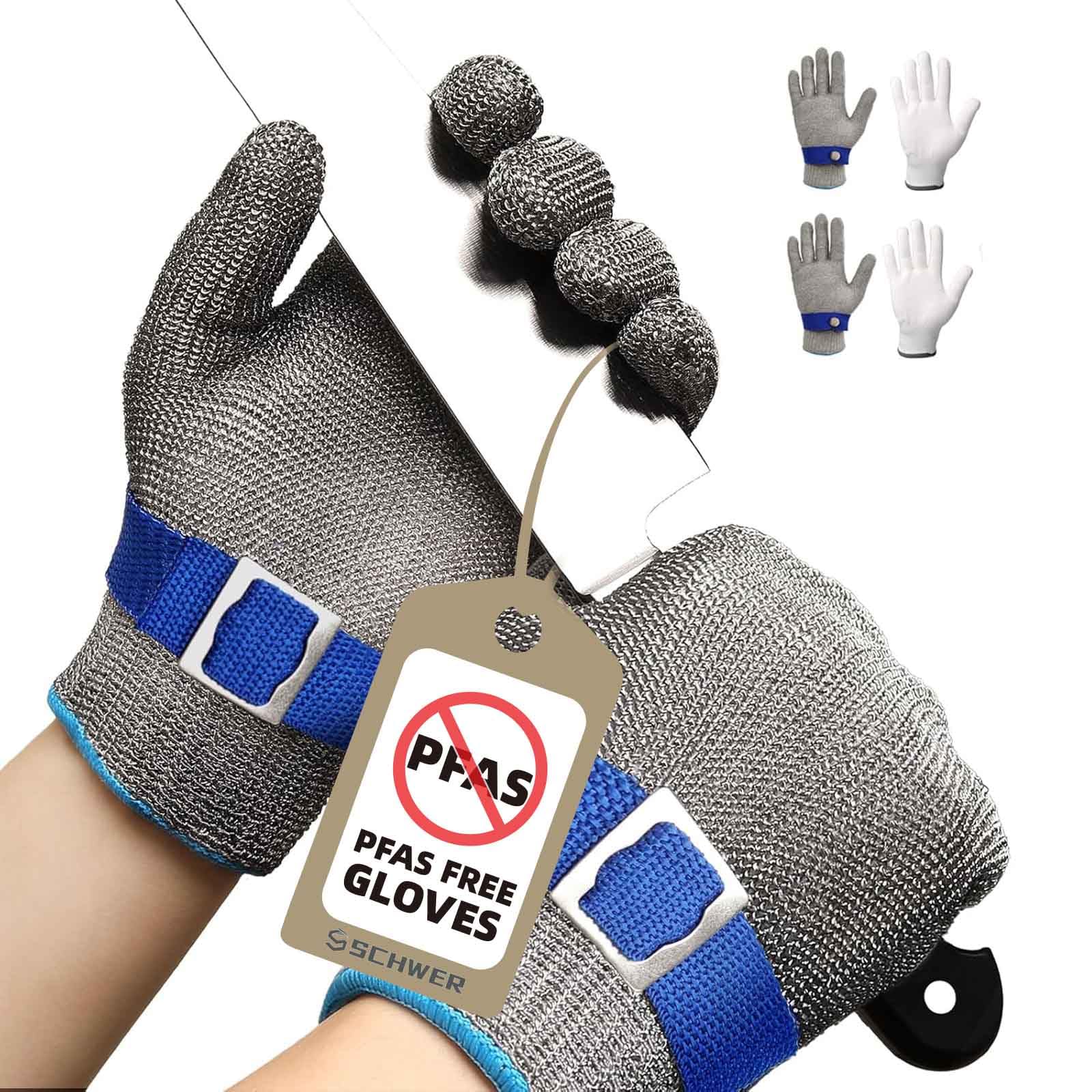 Schwer SlicePro ANSI A9 Cut Resistant Glove PR1707, Food Grade Stainless Steel Wire Metal Gloves, Cutting Gloves for Kitchen, Meat Cutting, Oyster Shucking, Fish Fillet, Non-PFAS(L, 2 PCS)