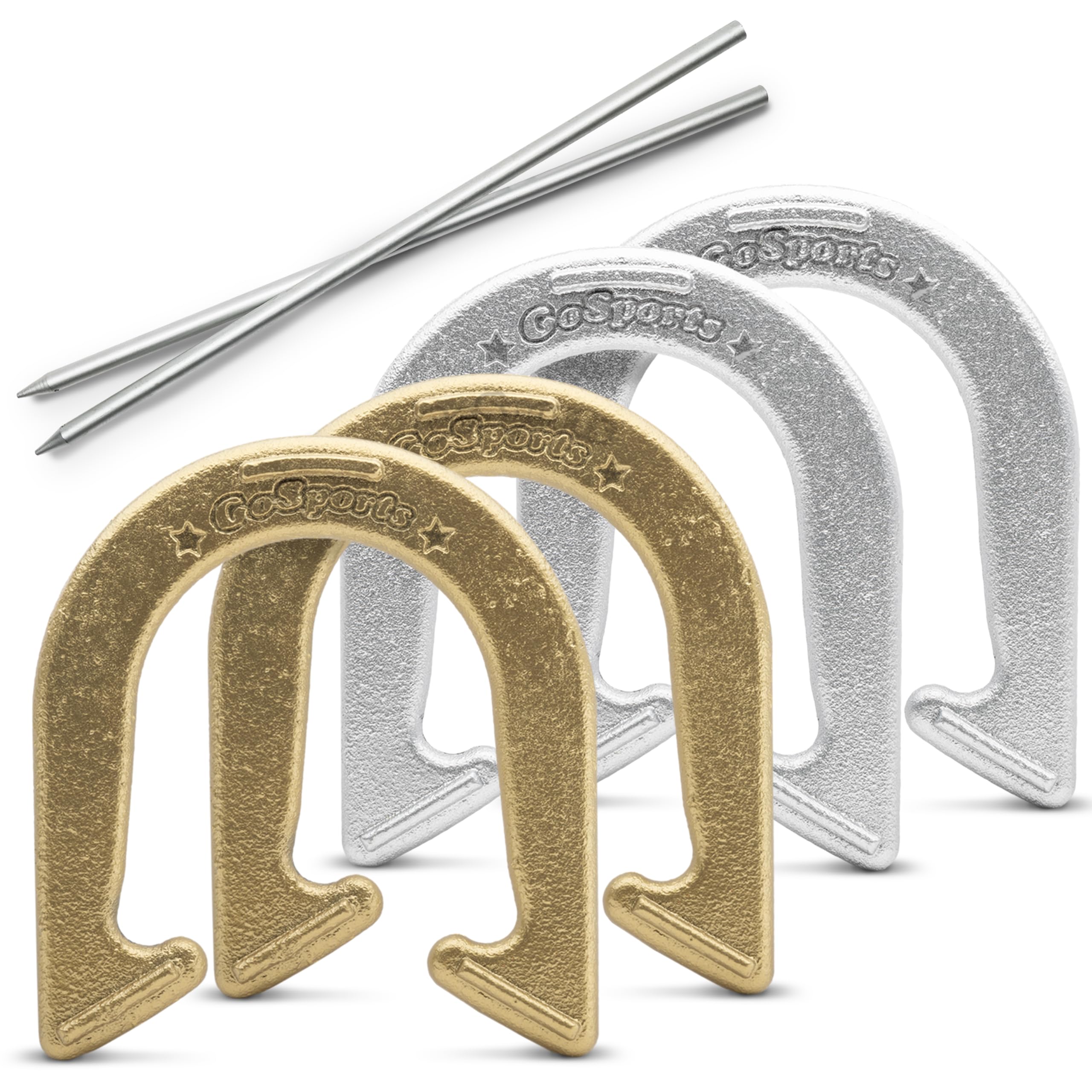 GoSports Steel Horseshoes Outdoor Game Set - Gold & Silver or Red & Blue - Official Size and Weight