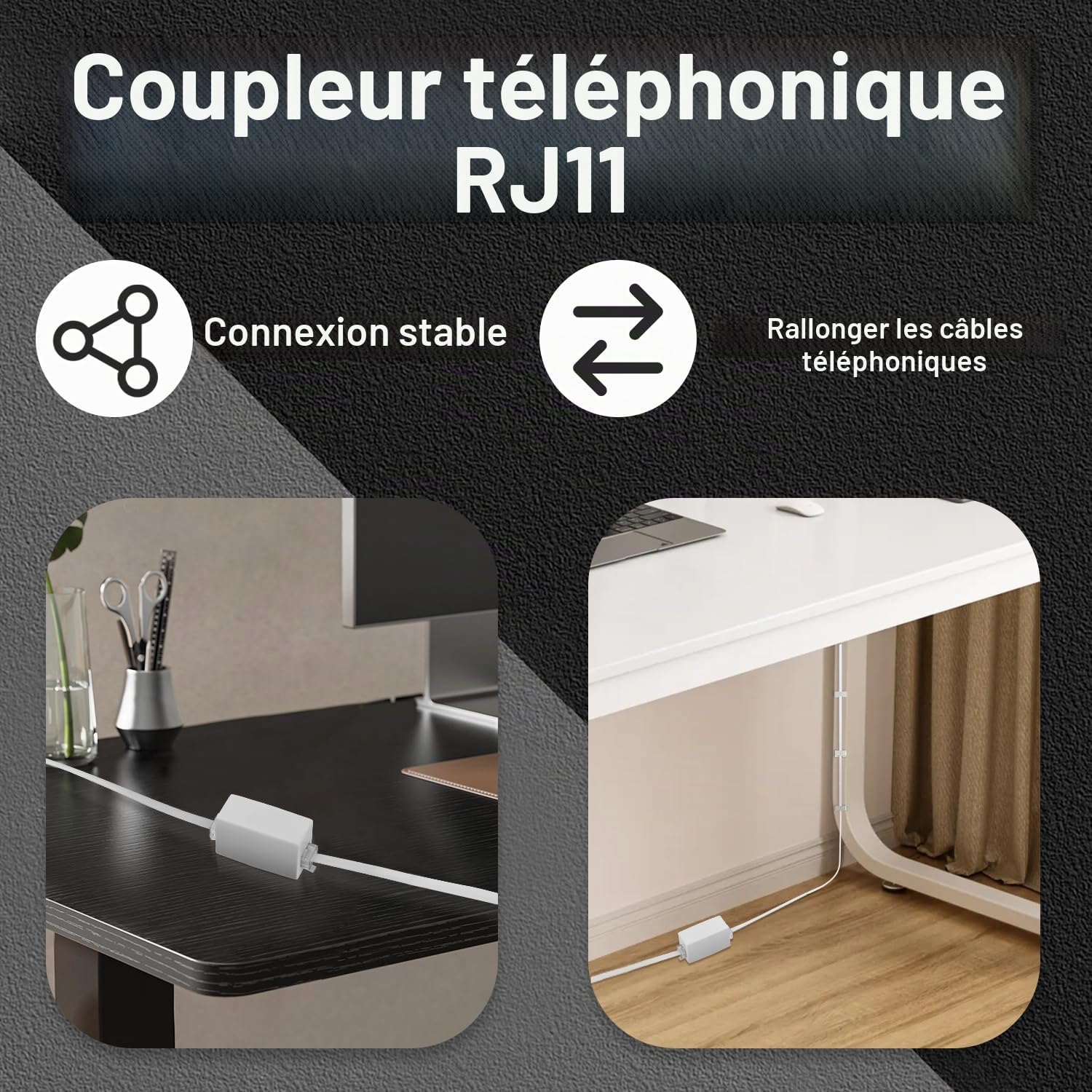 Uvital Rallonge de téléphone de 10 m, câble téléphonique avec prise RJ11 standard et coupleurs de 1 en ligne et 20 supports de clip de câble, blanc