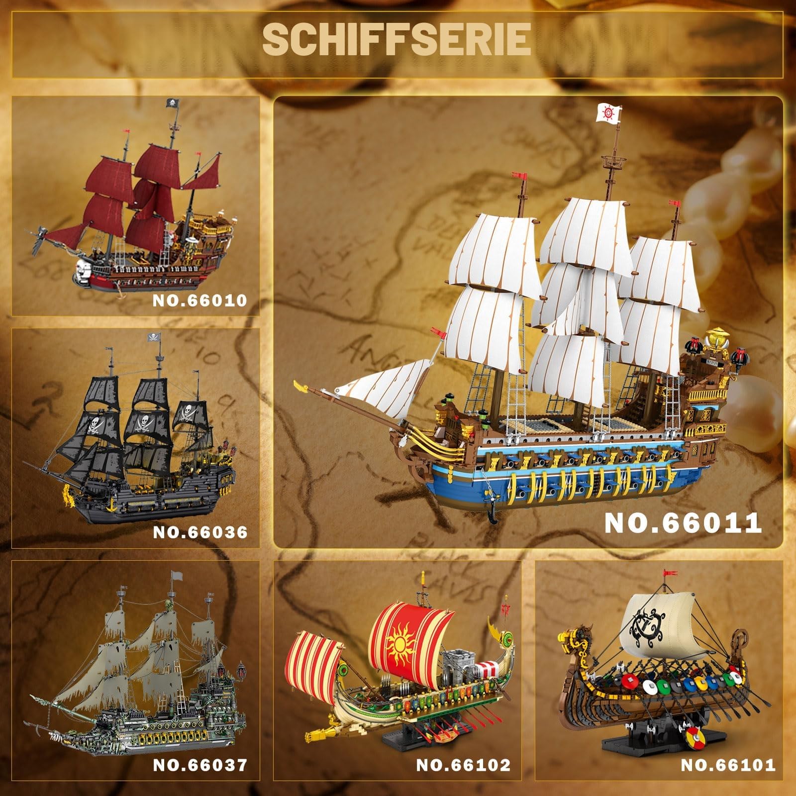 Reobrix Königliche Sonnenflotte Bausteine Bausatz für Erwachsene 66011 | Luxus Schiffs Modellbau, Großes Piratenschiff-Klemmbausteine, Sammlermodell für Maritim Fans, Geschenk ab 14+, 2858 Teile